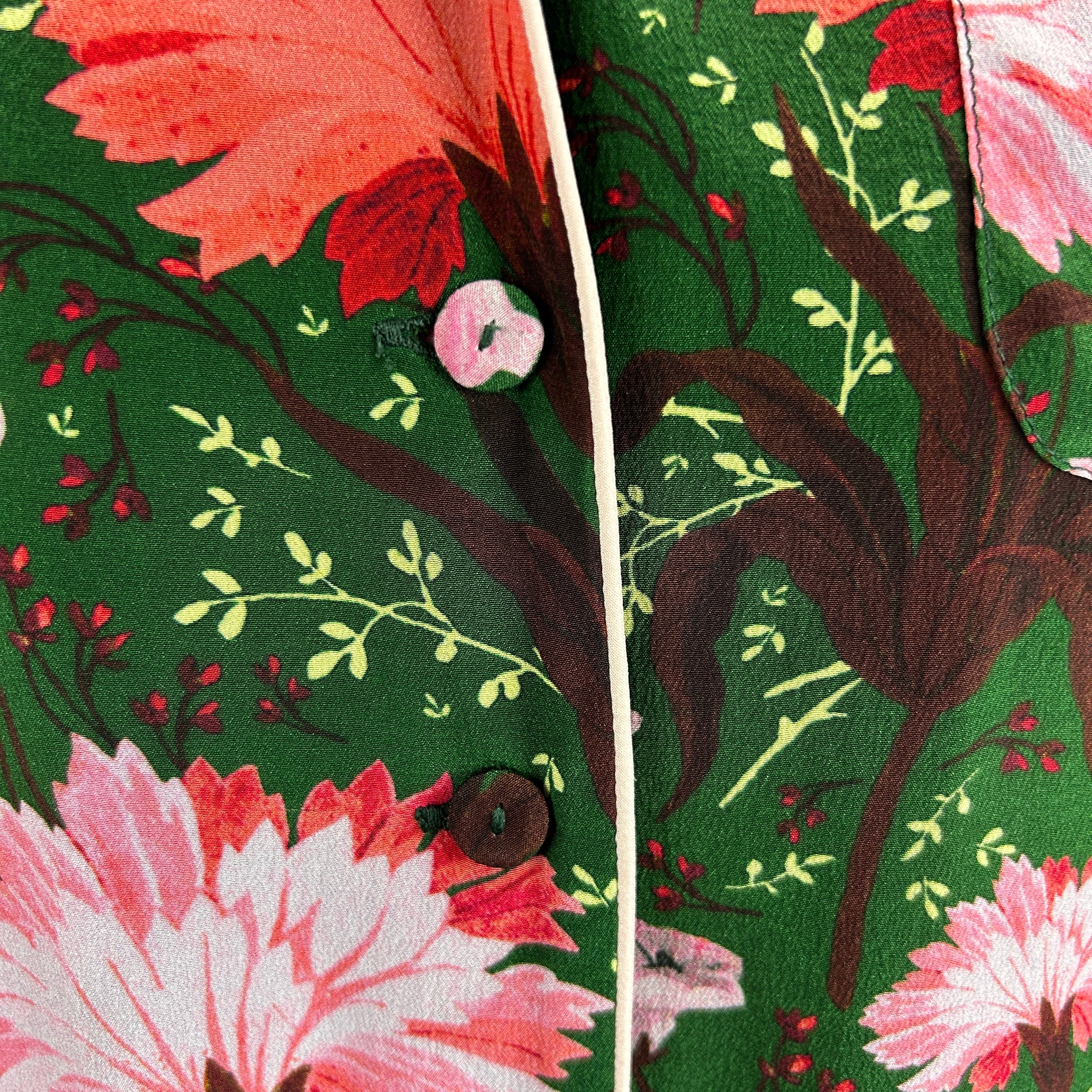 Erdem New Forest Green Floral Silk Ray Shirt XS