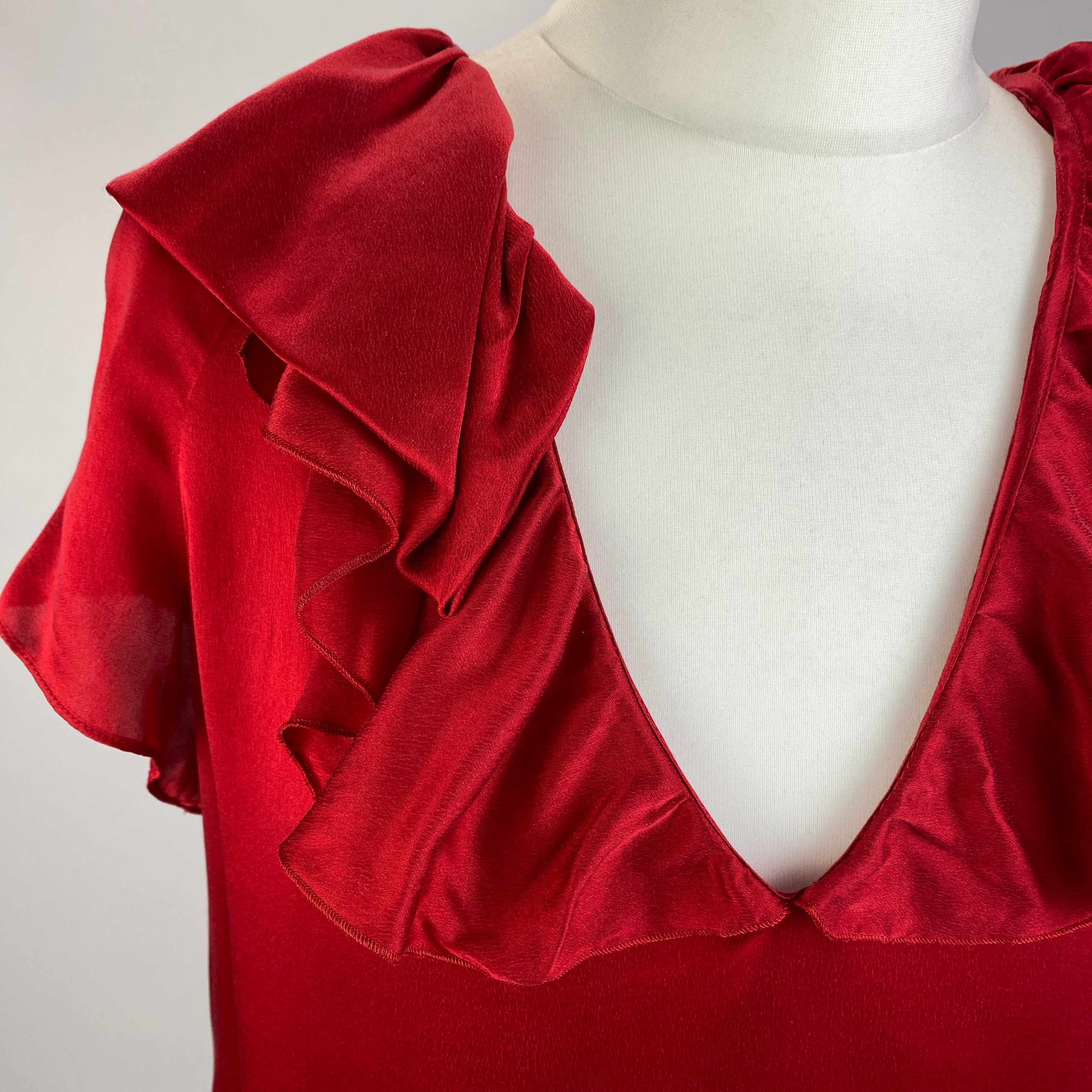 Moschino New Ruby Silk Satin Ruffled Blouse M