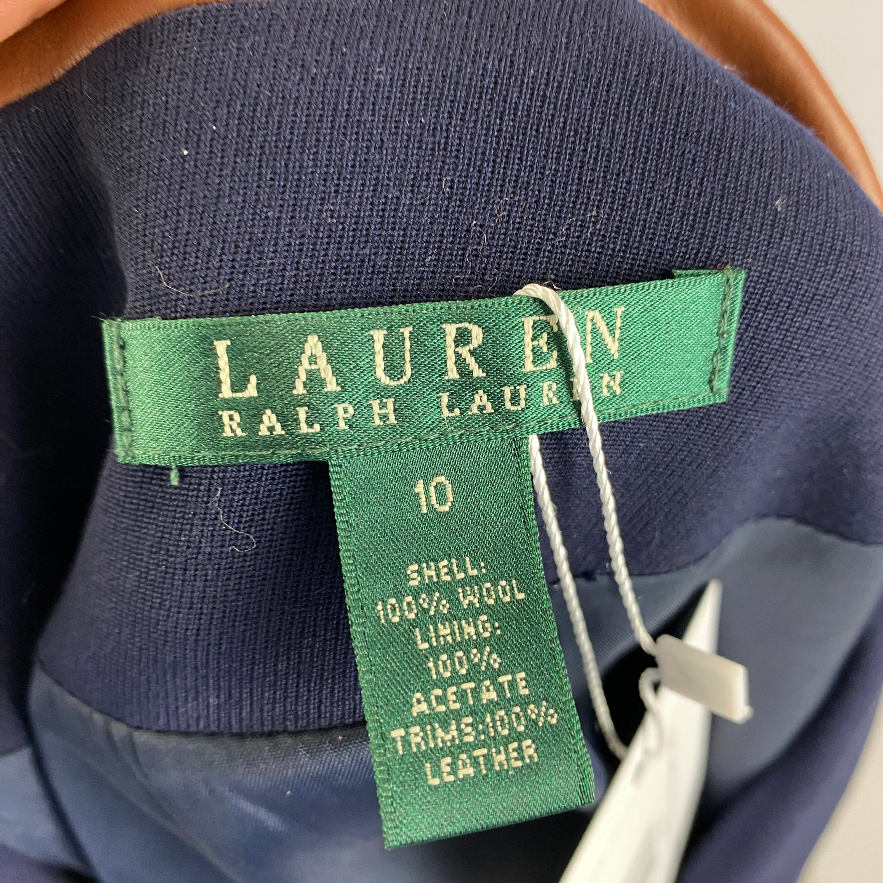 Ralph Lauren Navy Wool Blazer with Leather Trim L