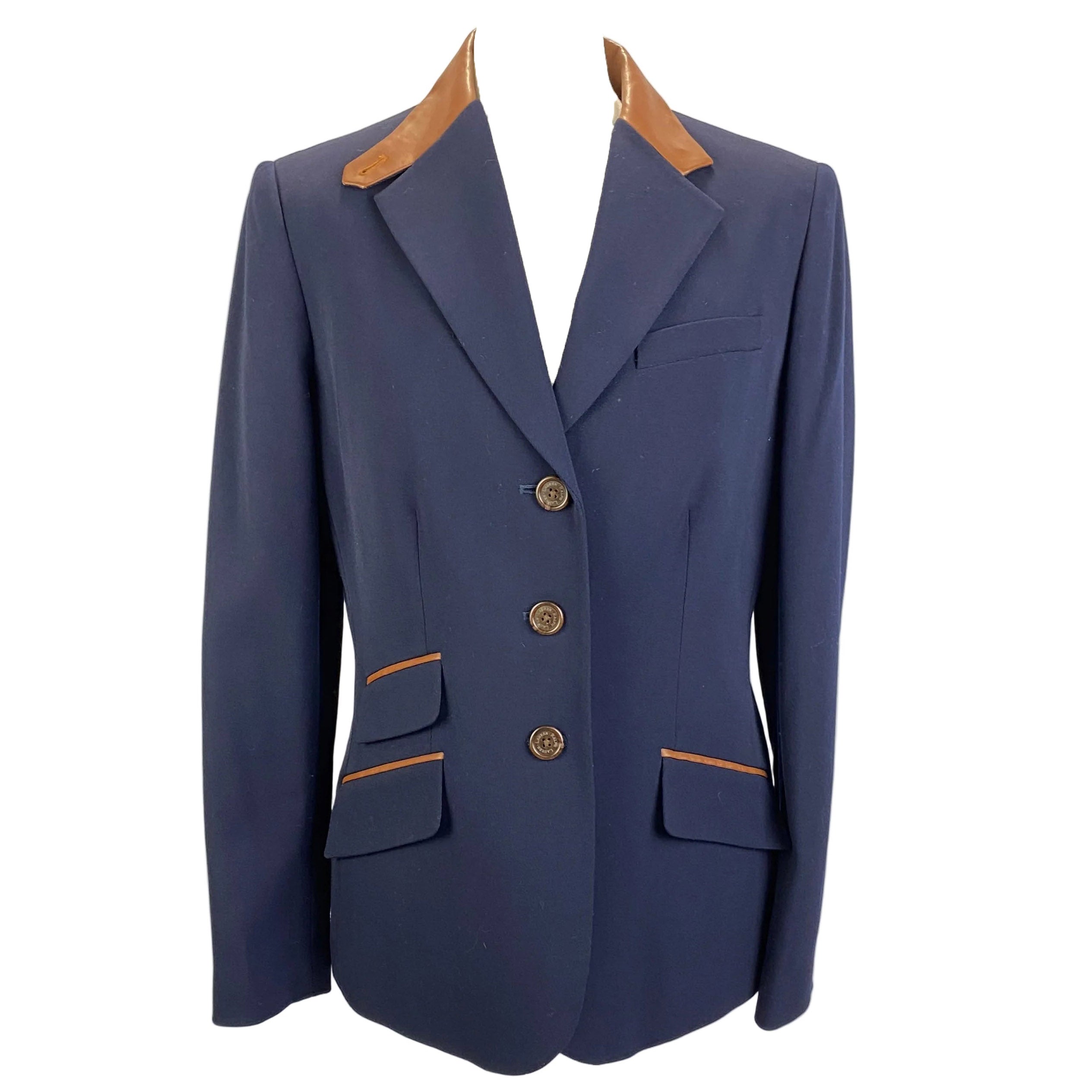 Ralph Lauren Navy Wool Blazer with Leather Trim L
