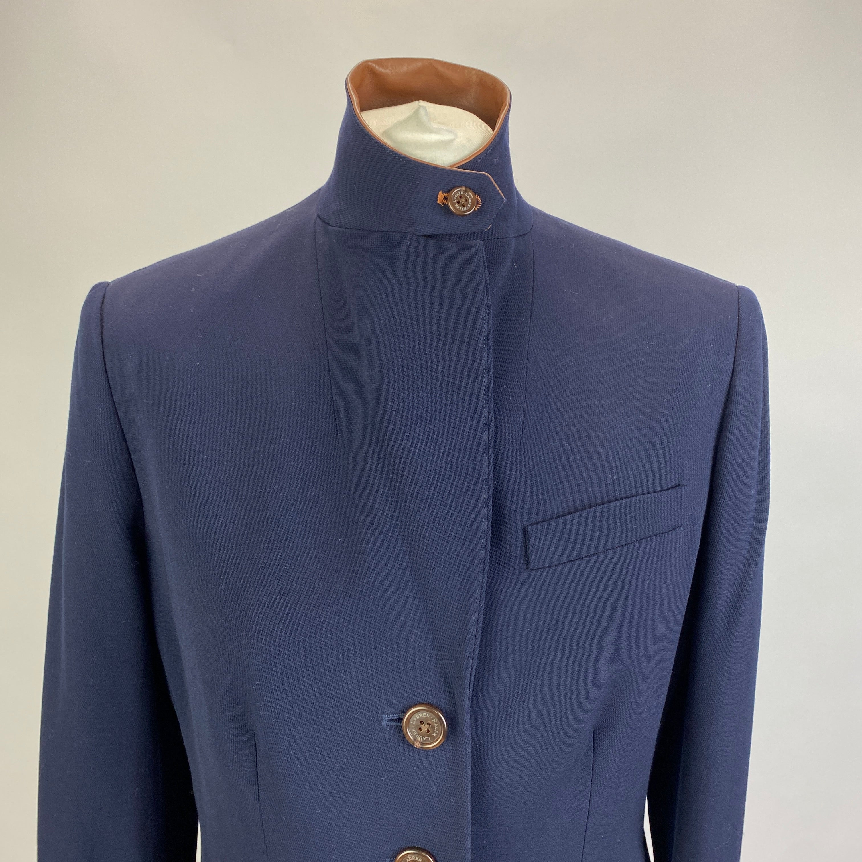 Ralph Lauren Navy Wool Blazer with Leather Trim L