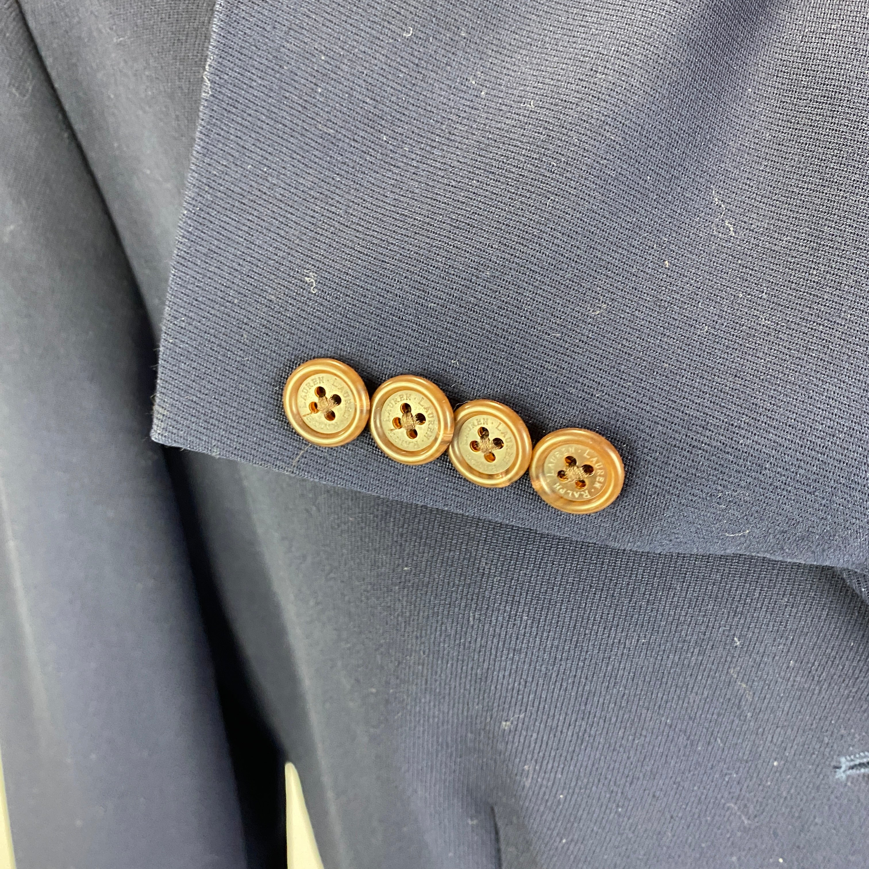 Ralph Lauren Navy Wool Blazer with Leather Trim L