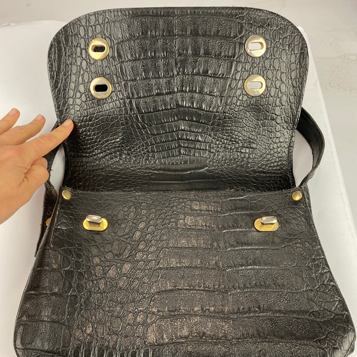 Fendi Vintage Black Embossed Croc Crossbody Bag
