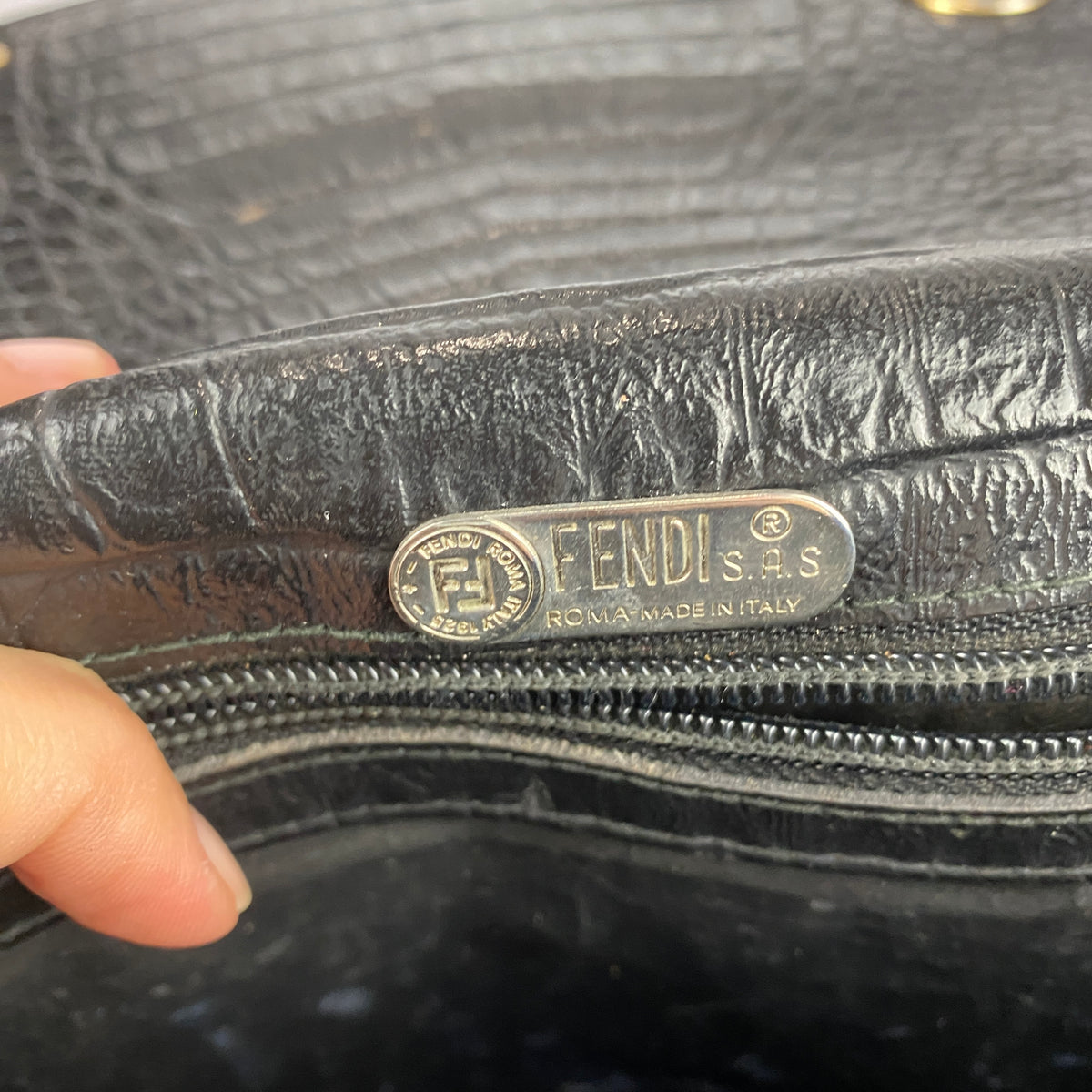 Fendi Vintage Black Embossed Croc Crossbody Bag