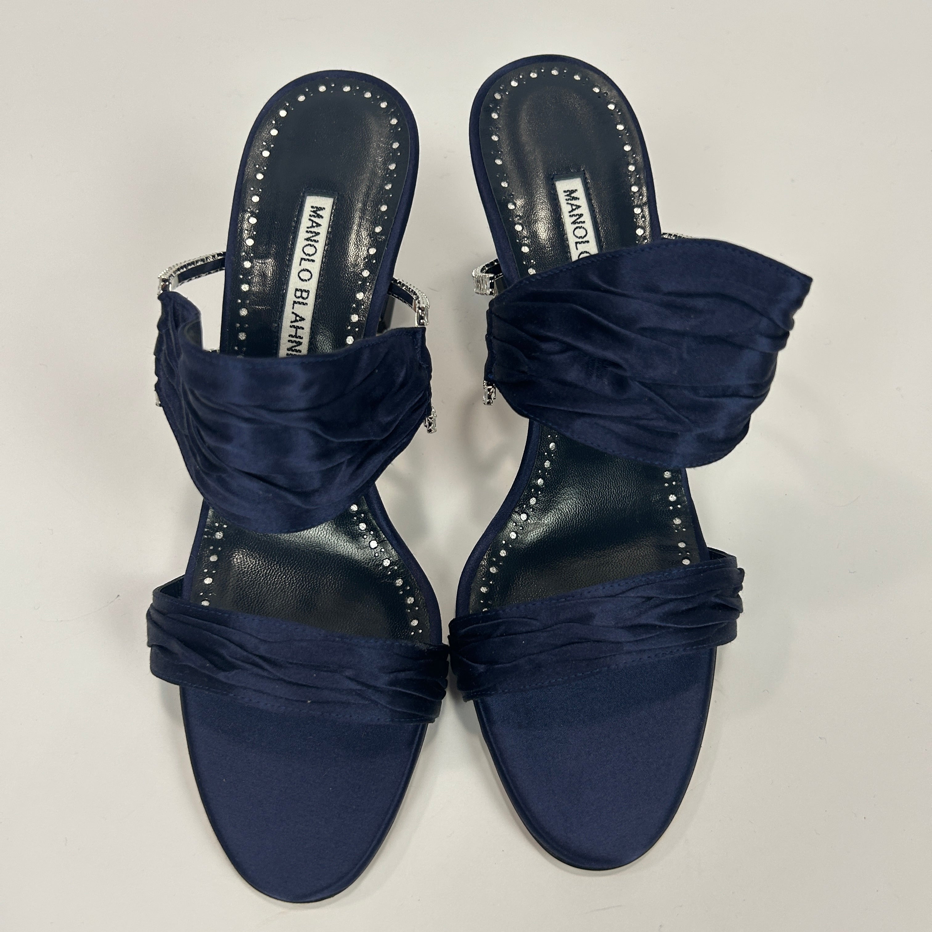 Manolo Blahnik New £975 Navy Satin Chinap Mules 39