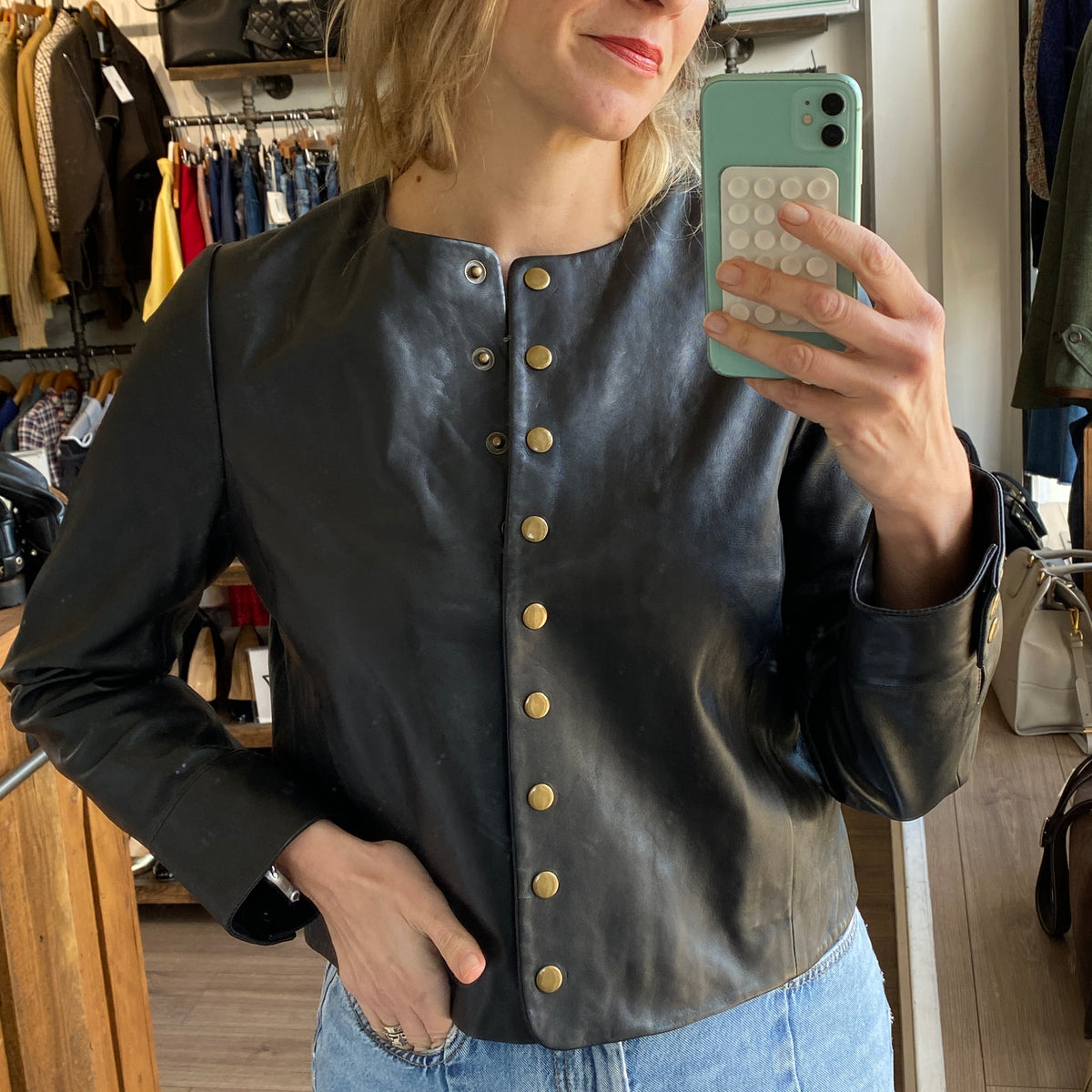 Sezane New £330 Black Lambskin Collarless Marlys Jacket S-M