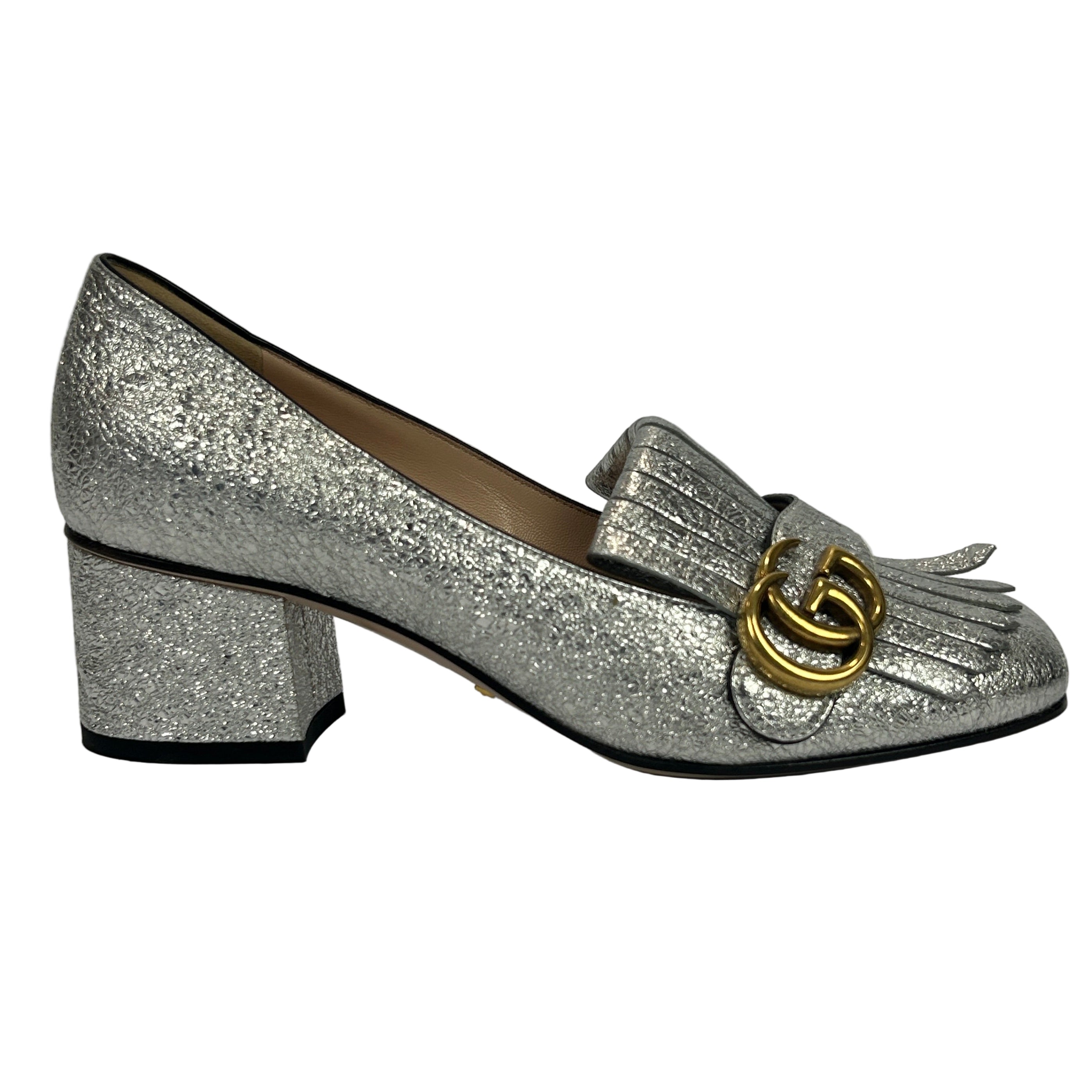 Gucci Silver Leather GG Marmont Fringe Pumps 37