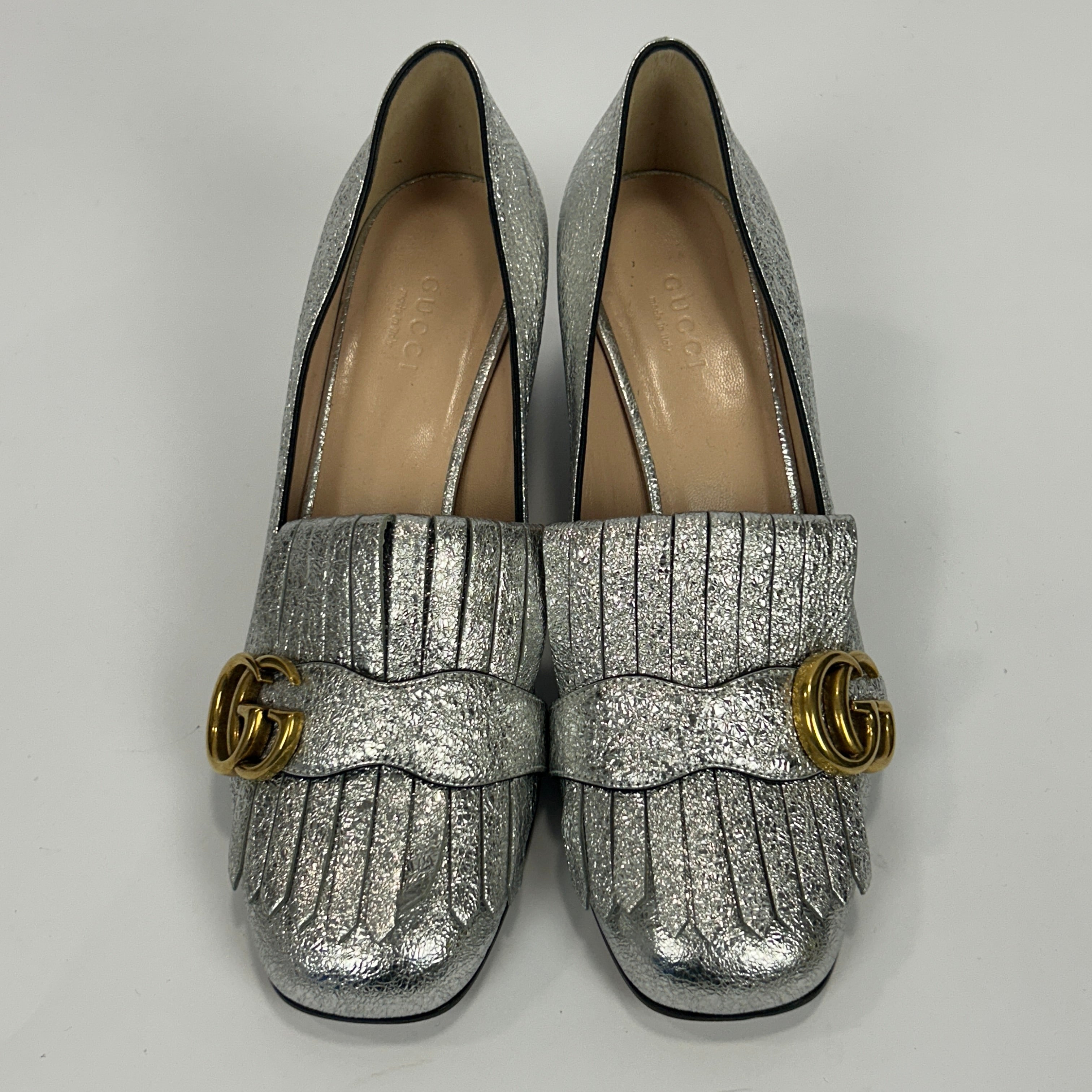 Gucci Silver Leather GG Marmont Fringe Pumps 37