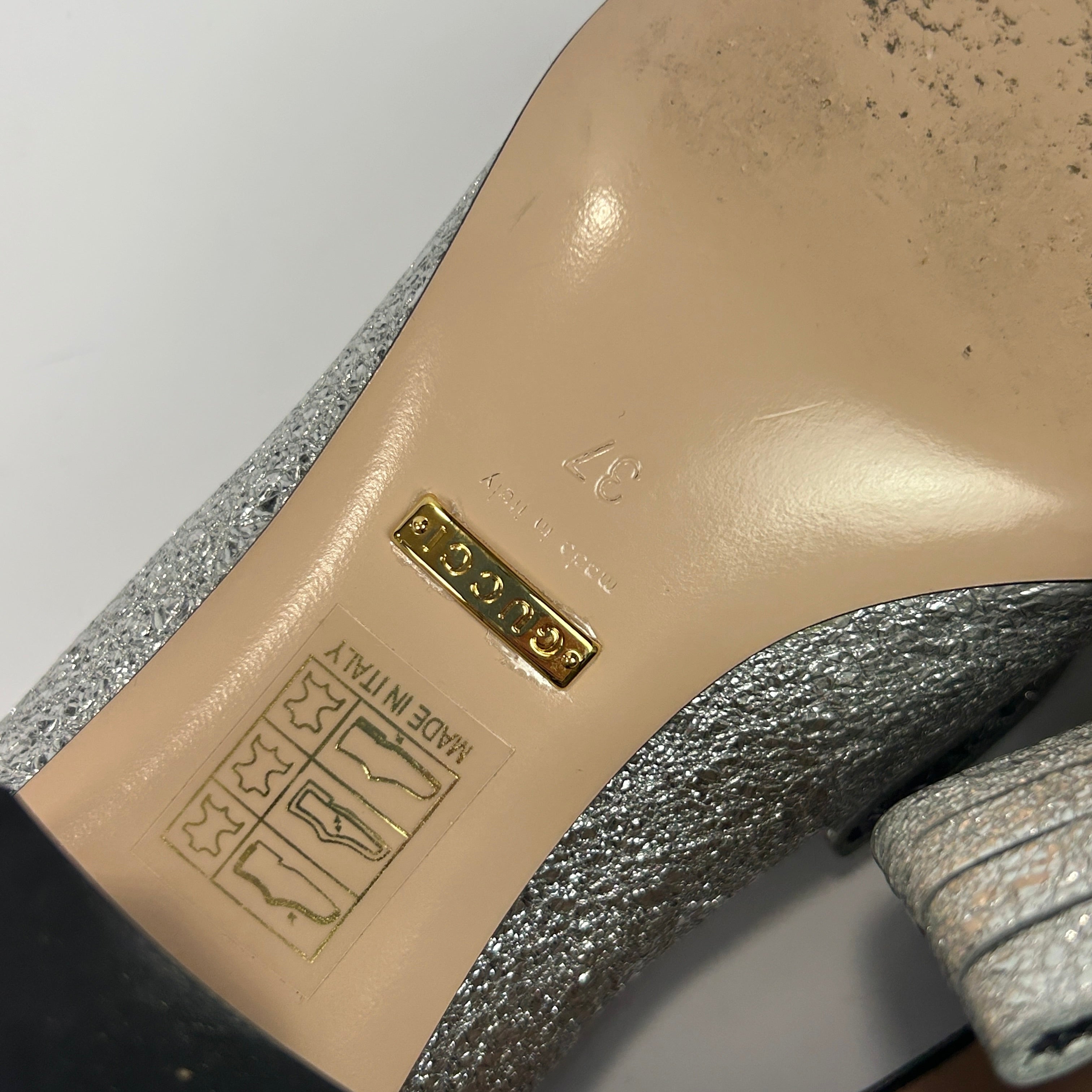 Gucci Silver Leather GG Marmont Fringe Pumps 37