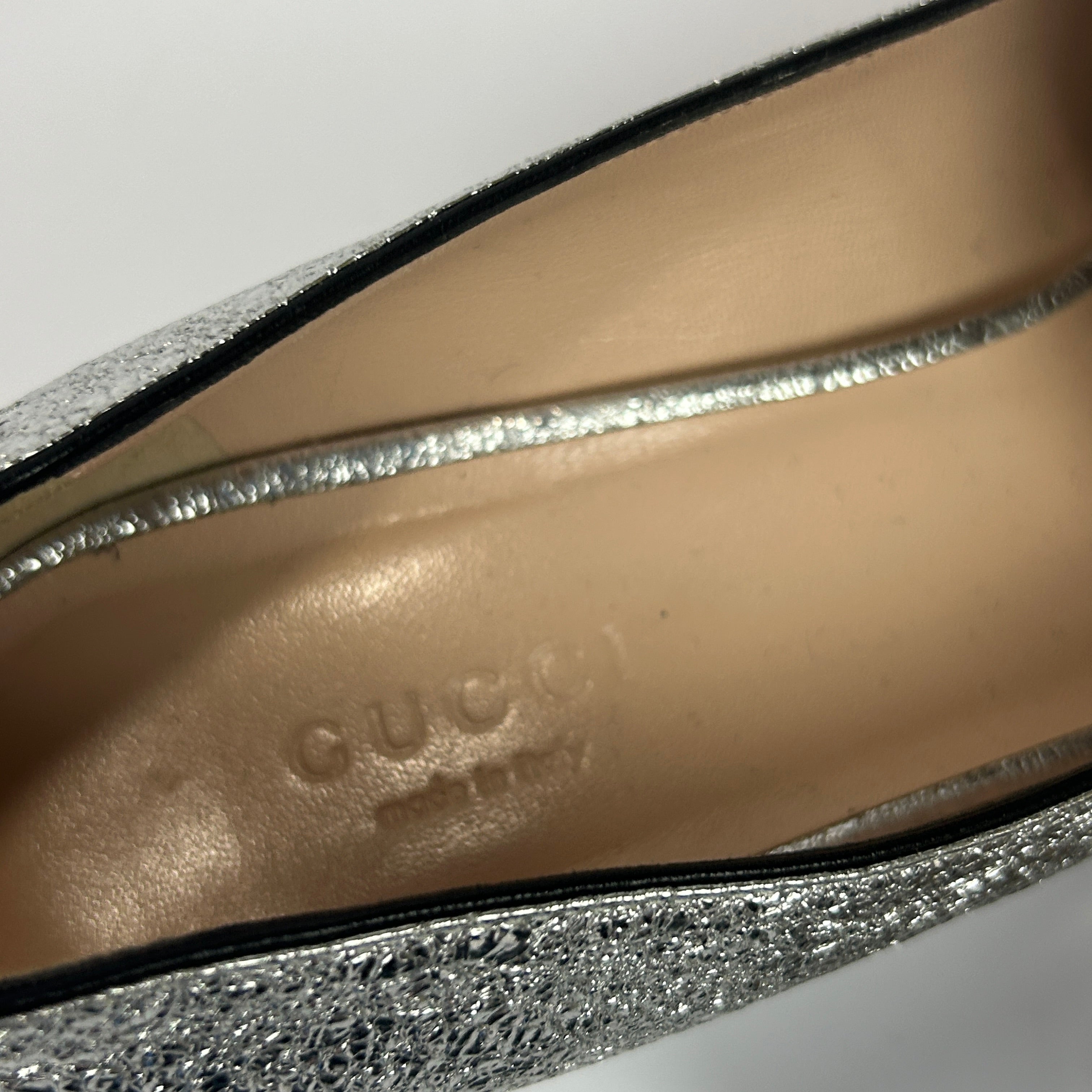 Gucci Silver Leather GG Marmont Fringe Pumps 37