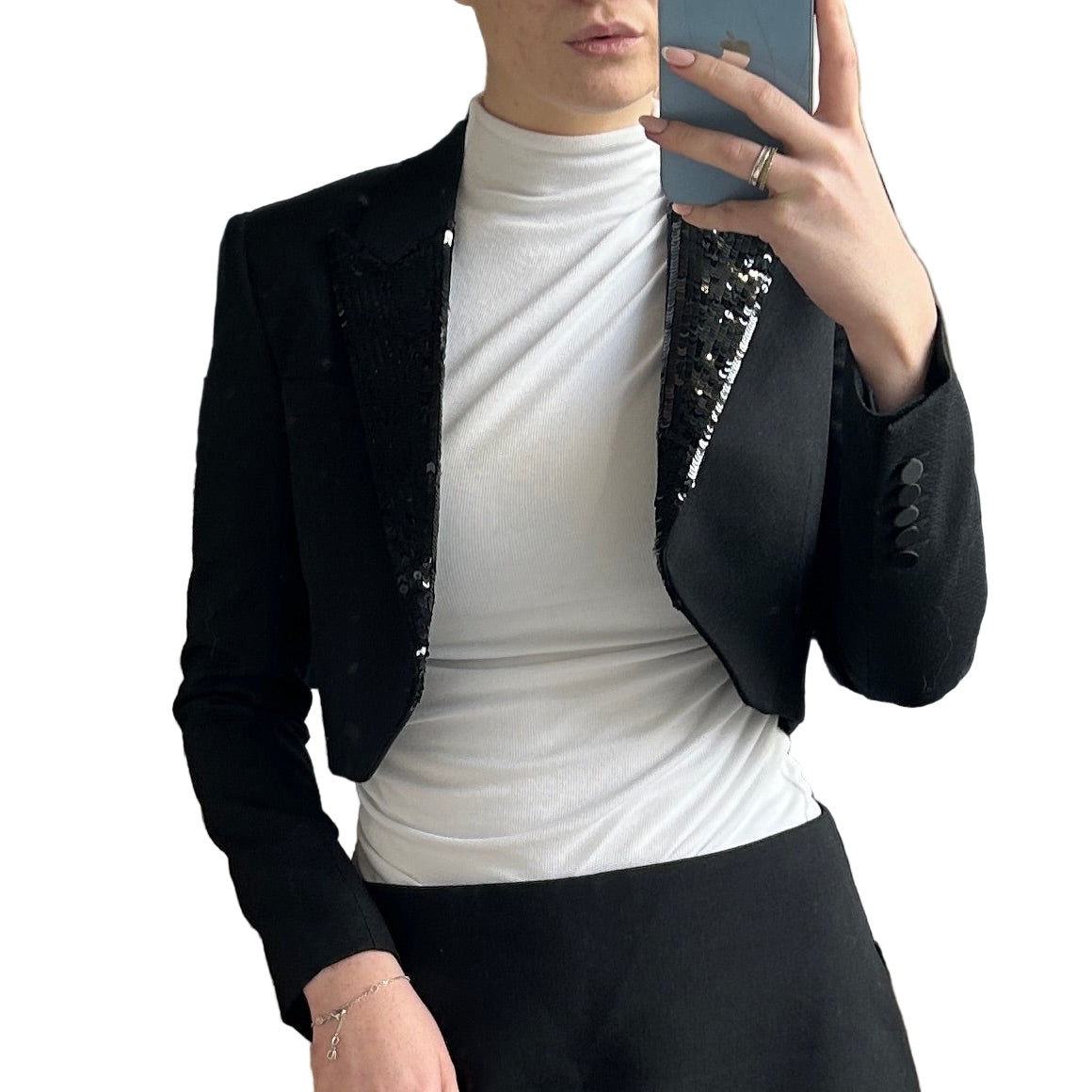 Saint Laurent New Sequin Lapel Wool Crop Jacket XS