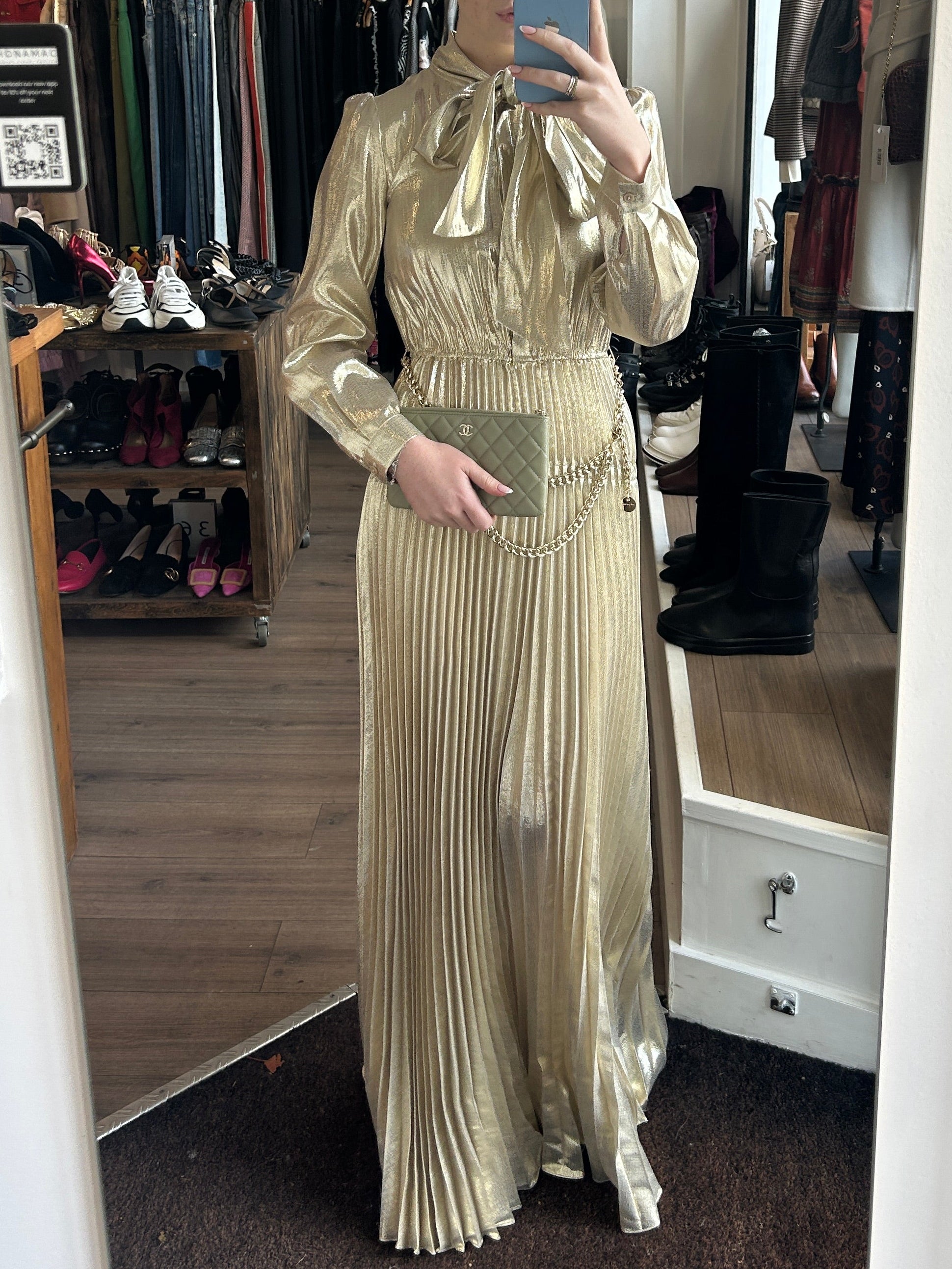 Self-Portrait £595 Gold Metallic Tie Neck Maxi Dress XXS