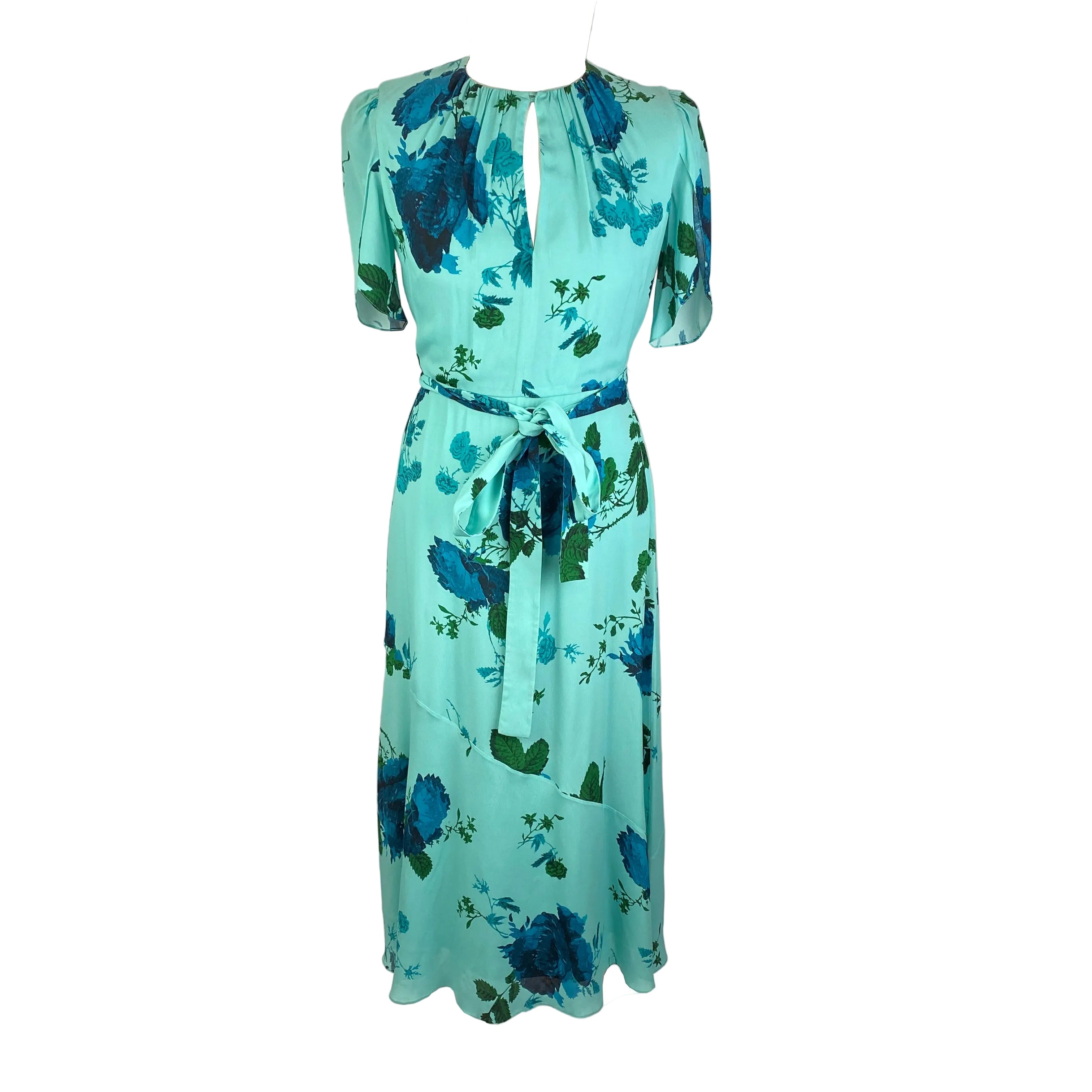 Erdem New £2395 Aqua Rose Print Silk Chiffon Flared Dress XXS