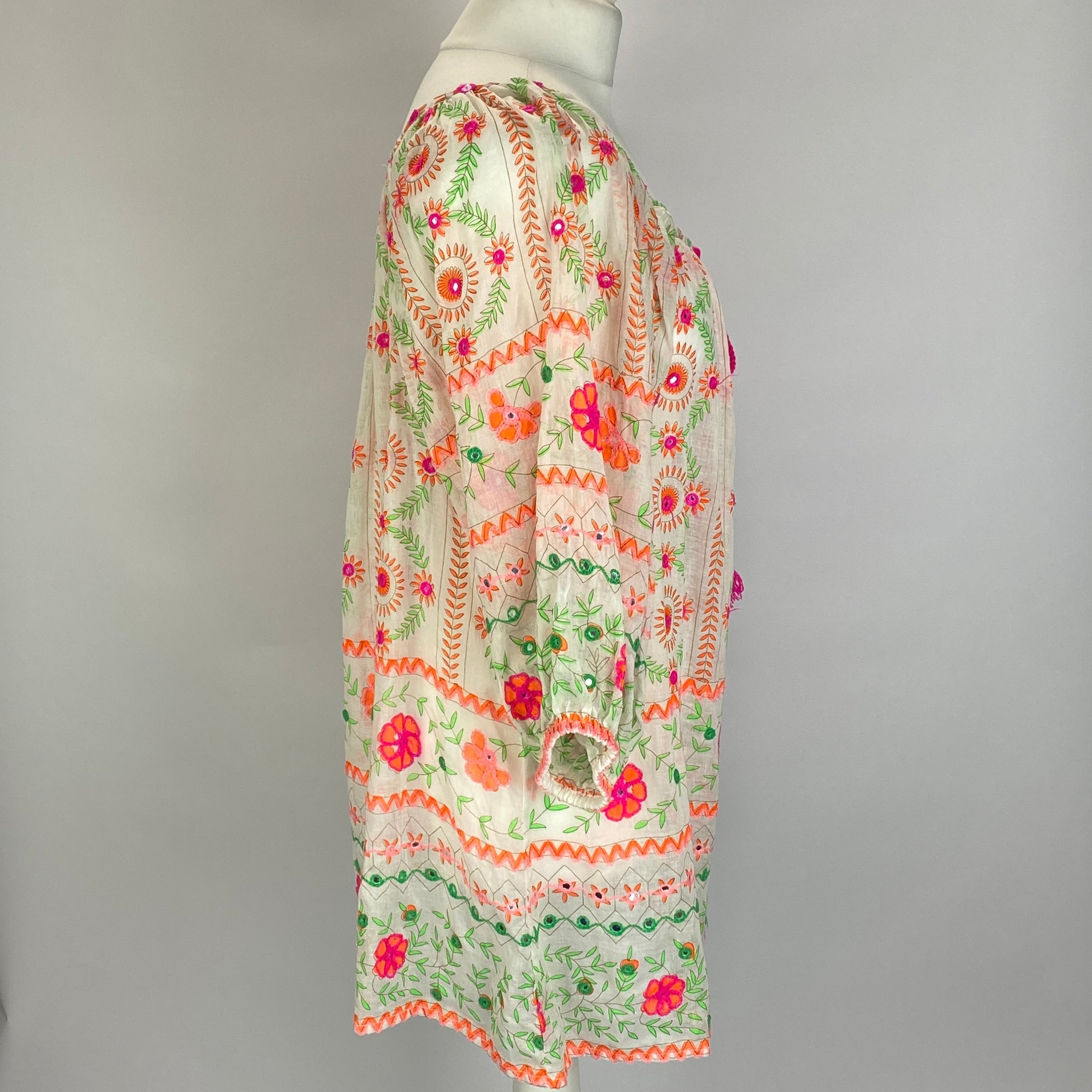 Juliet Dunn Ivory & Fluro Embroided Gauze Tunic XS/S/M