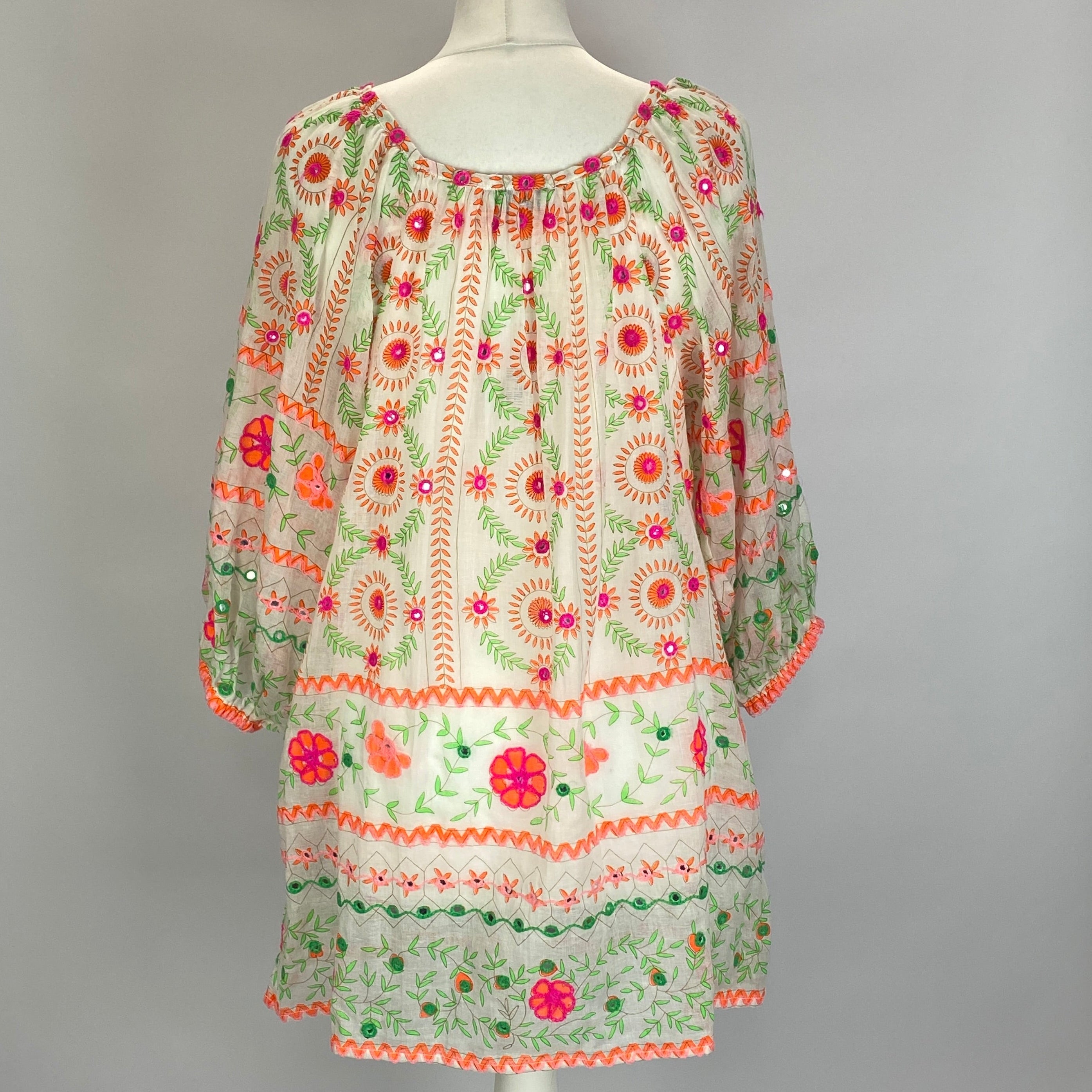 Juliet Dunn Ivory & Fluro Embroided Gauze Tunic XS/S/M