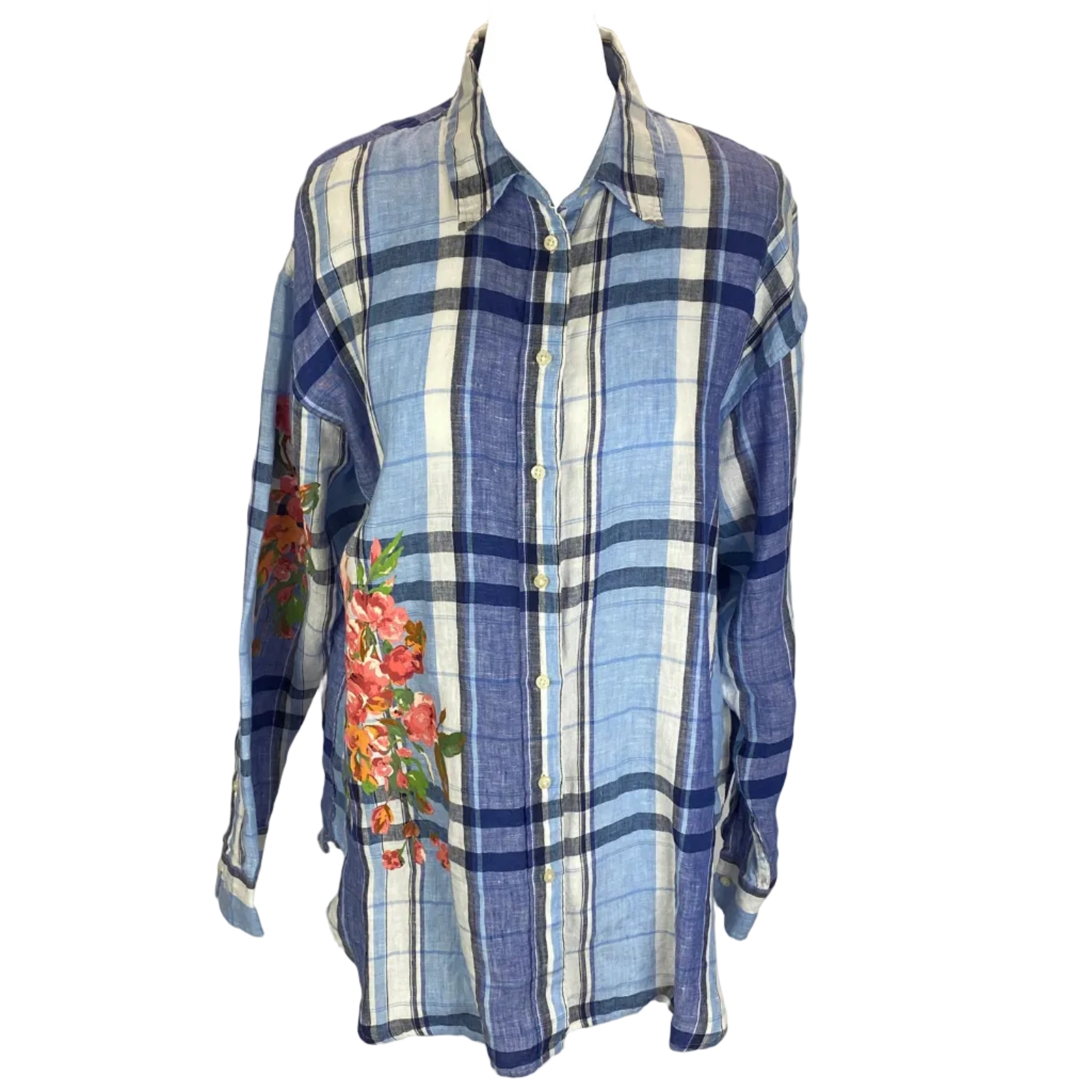 Ralph Lauren Blue Madras Check Linen Shirt with Painted Florals L