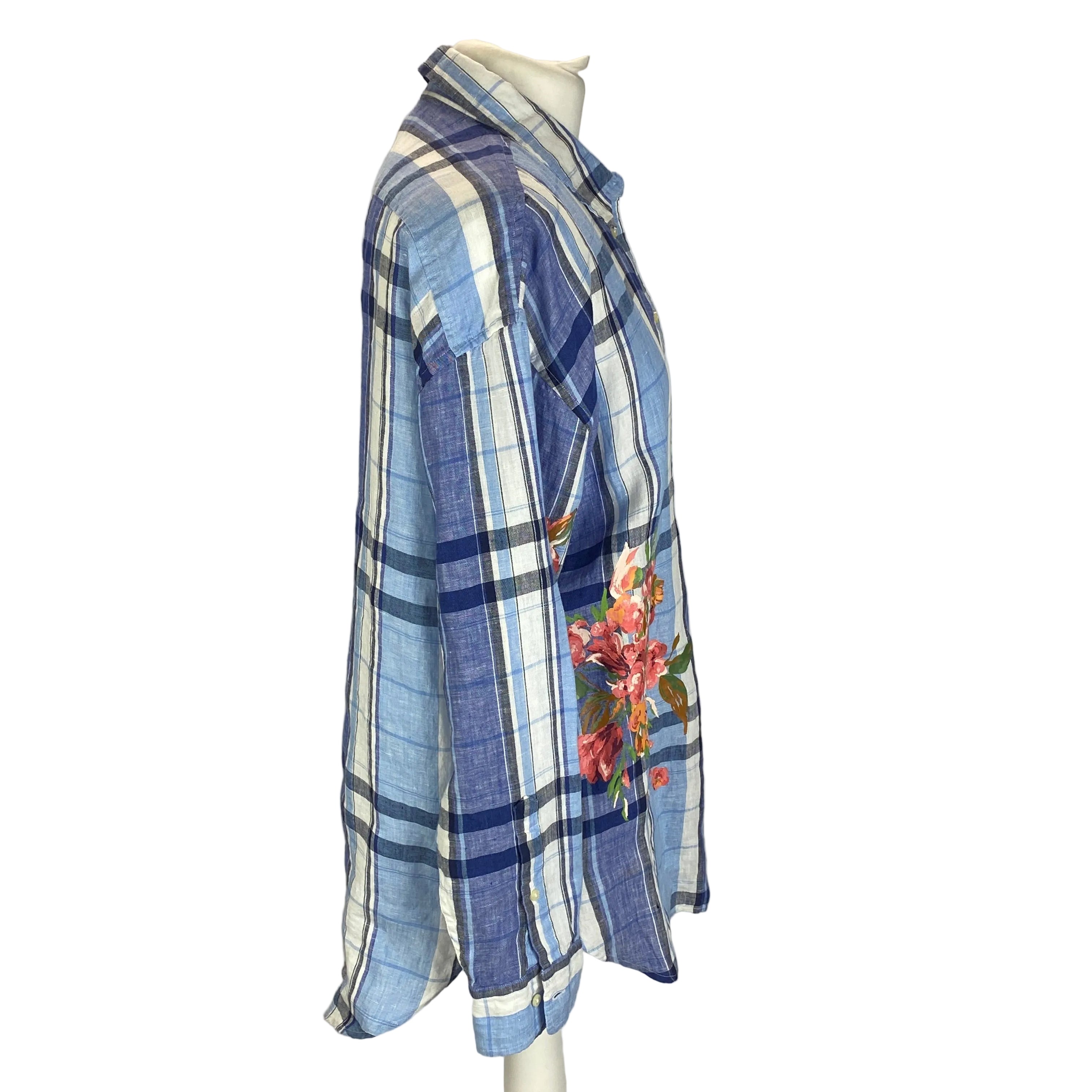 Ralph Lauren Blue Madras Check Linen Shirt with Painted Florals L