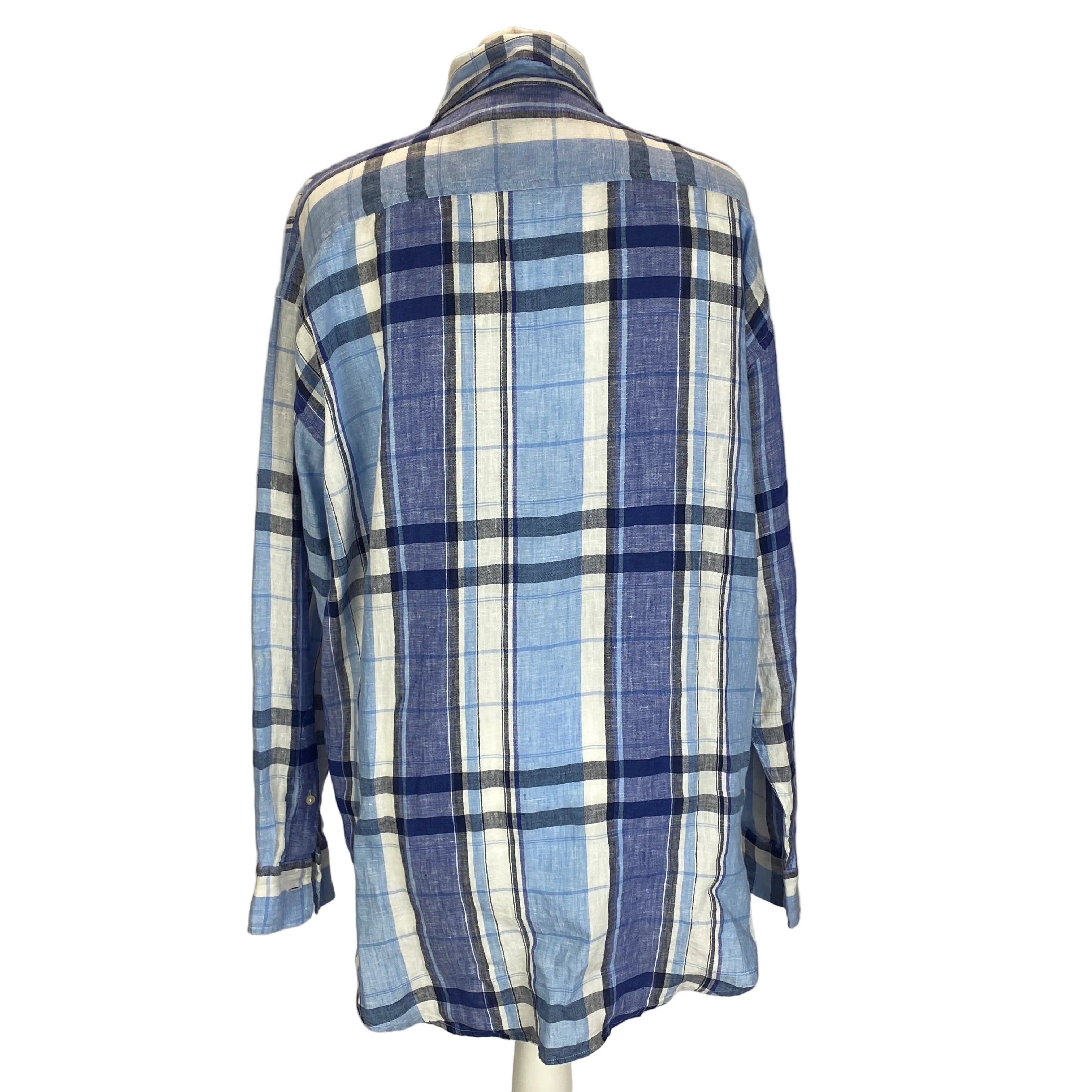 Ralph Lauren Blue Madras Check Linen Shirt with Painted Florals L