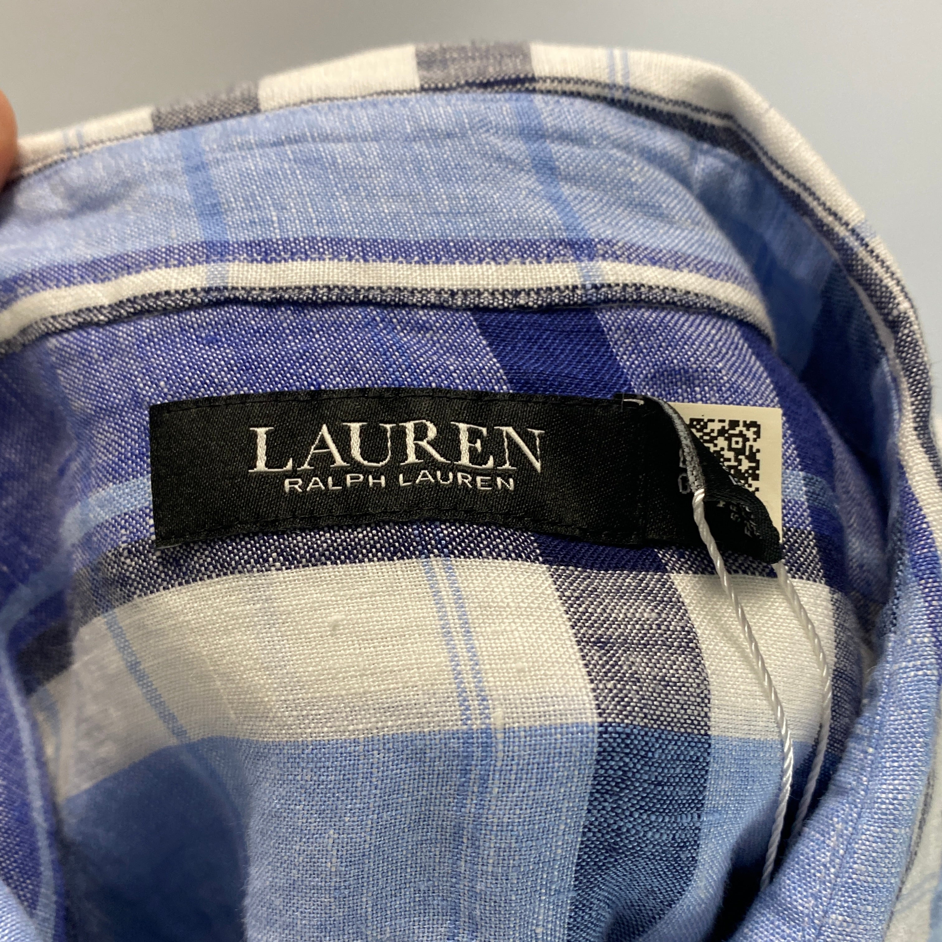 Ralph Lauren Blue Madras Check Linen Shirt with Painted Florals L