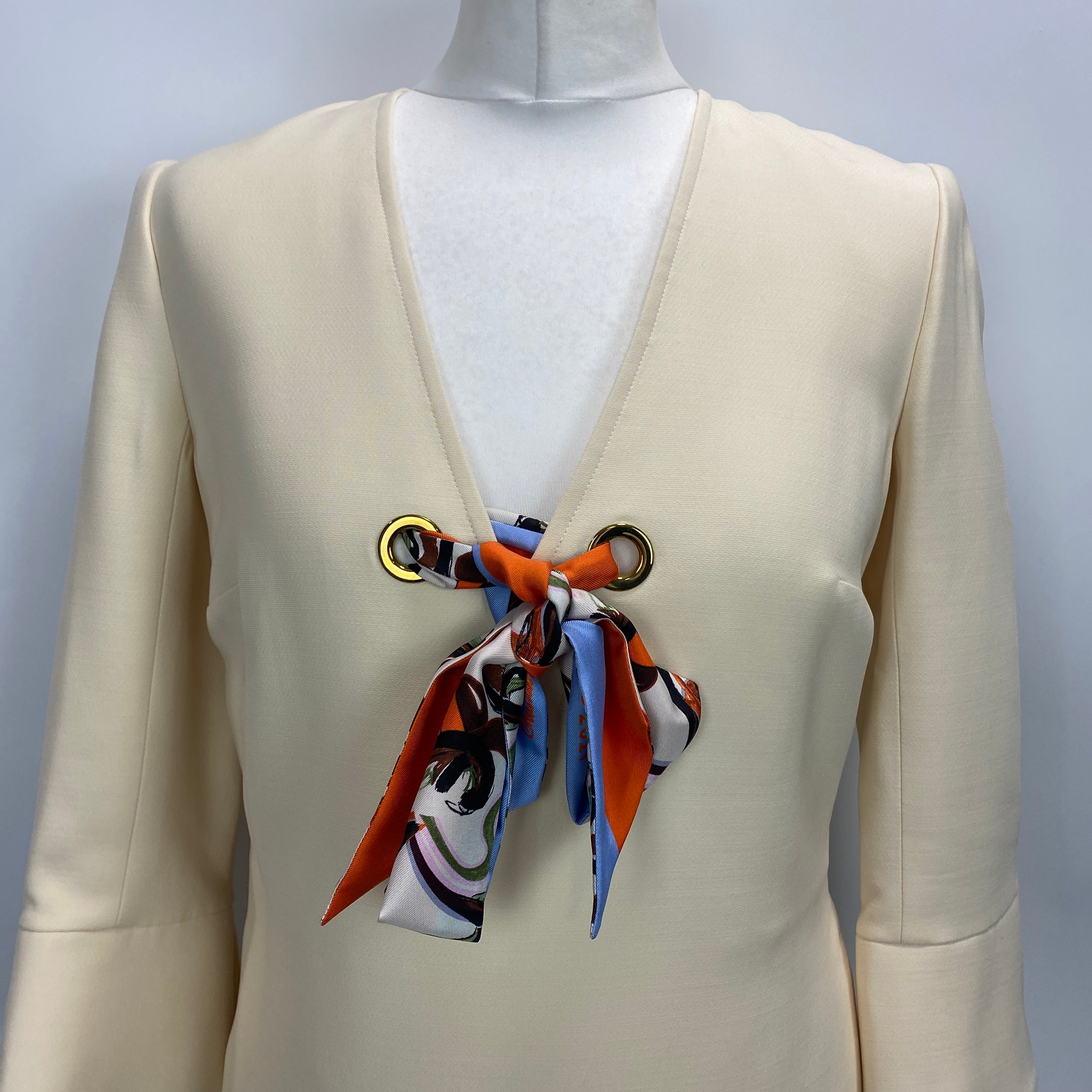 Christian Dior Cream Wool & Silk Mini Dress with Twilly Bow Tie XS