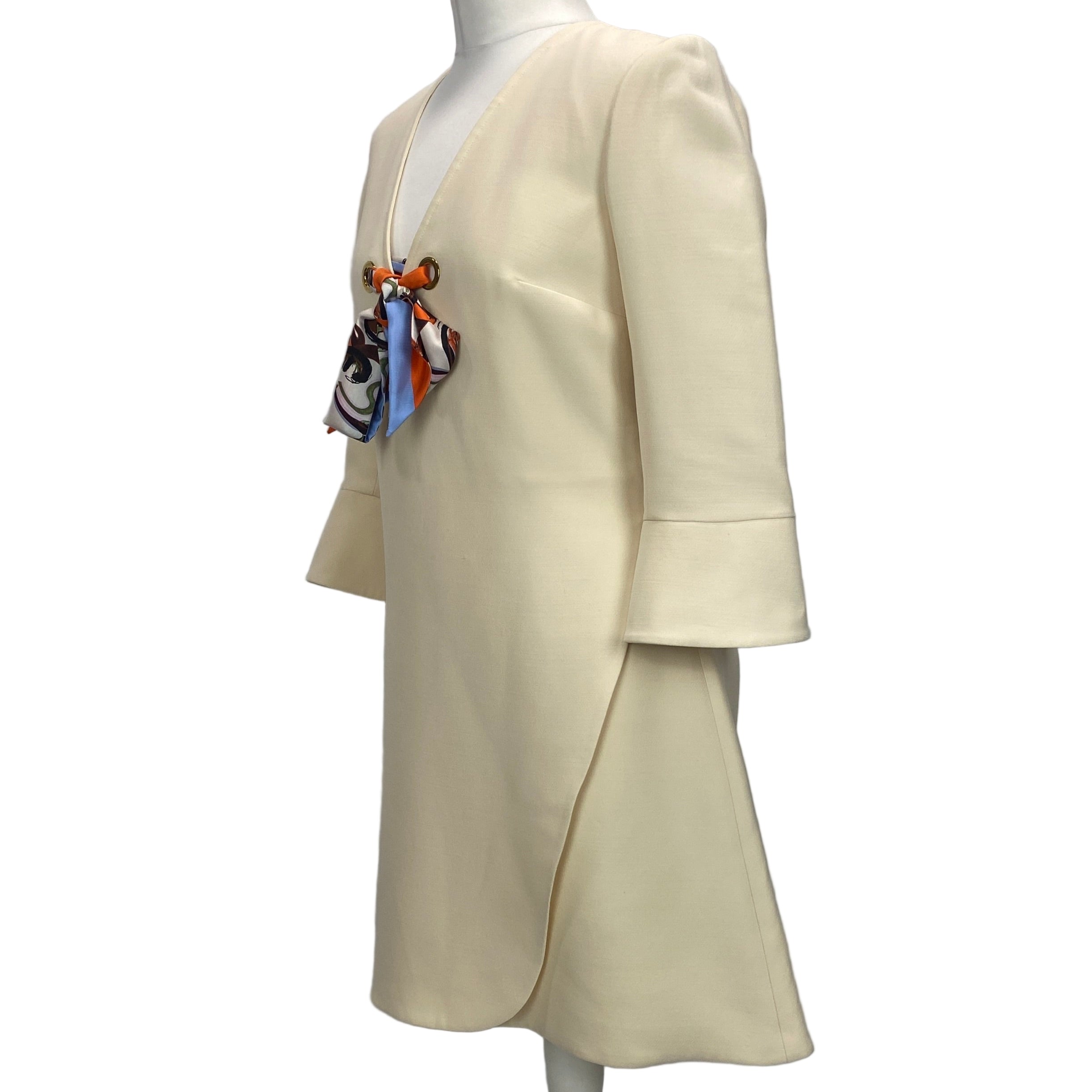 Christian Dior Cream Wool & Silk Mini Dress with Twilly Bow Tie XS