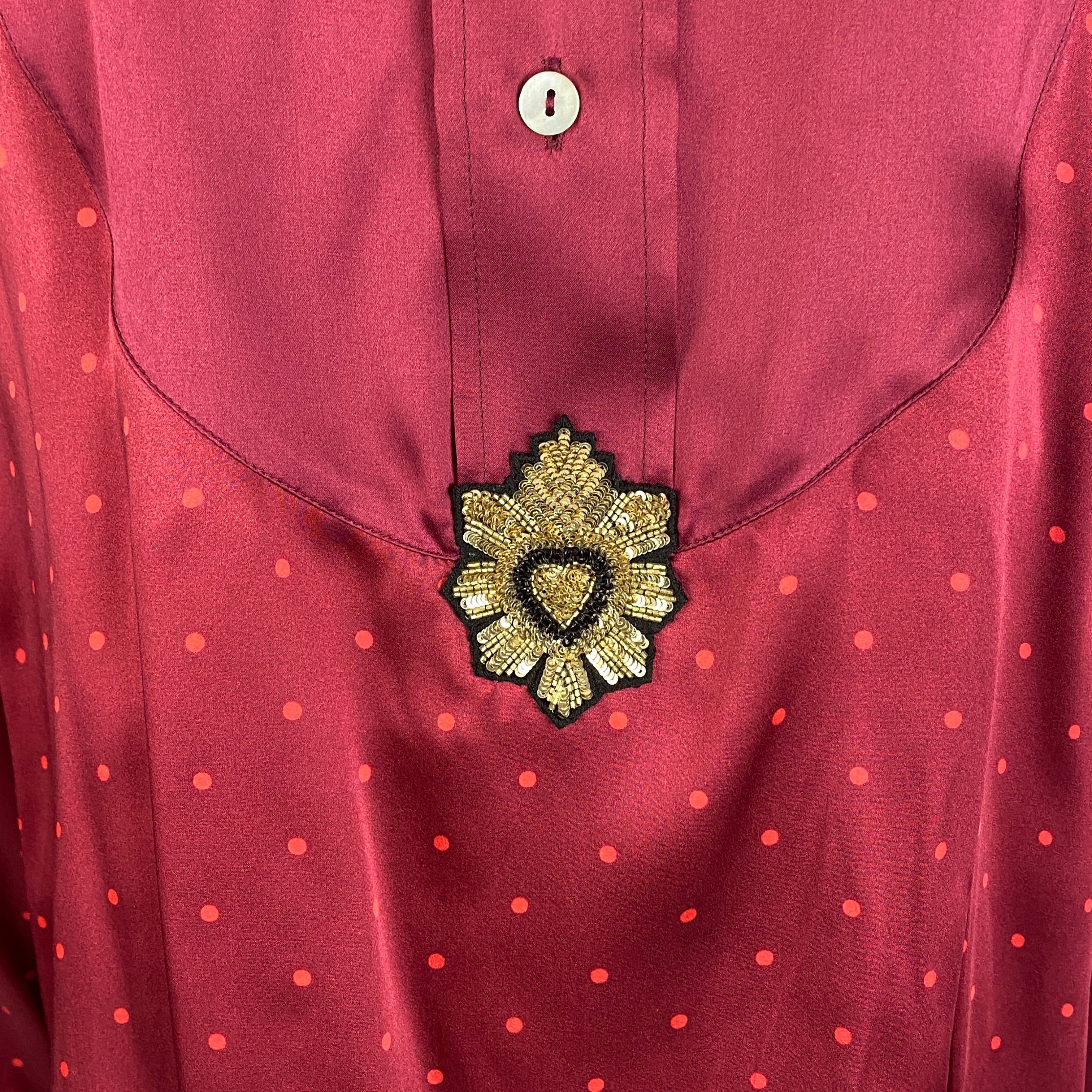 Figue New $495 Burgundy Polka Dot Milagro Tux Shirt L
