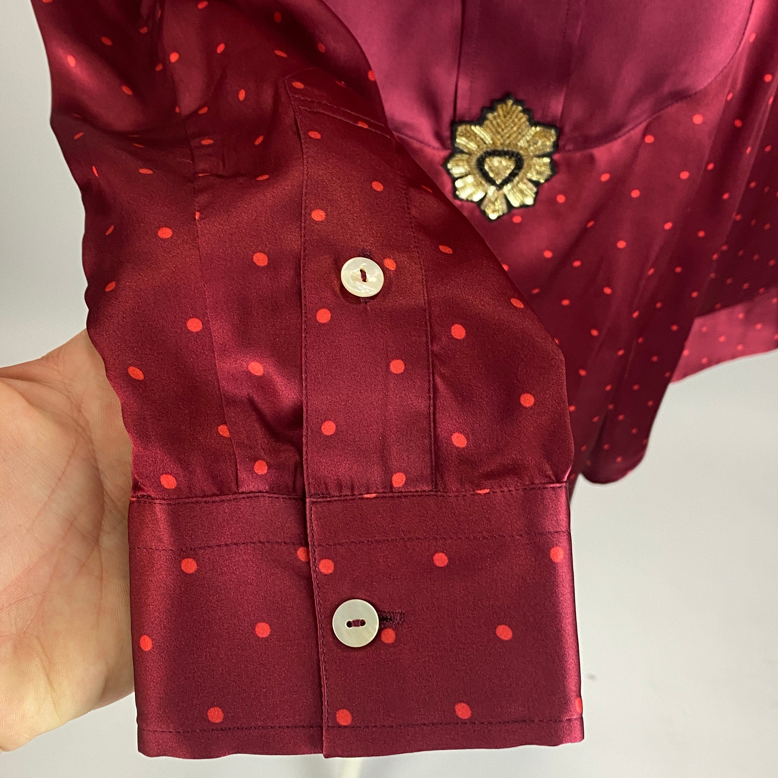 Figue New $495 Burgundy Polka Dot Milagro Tux Shirt L