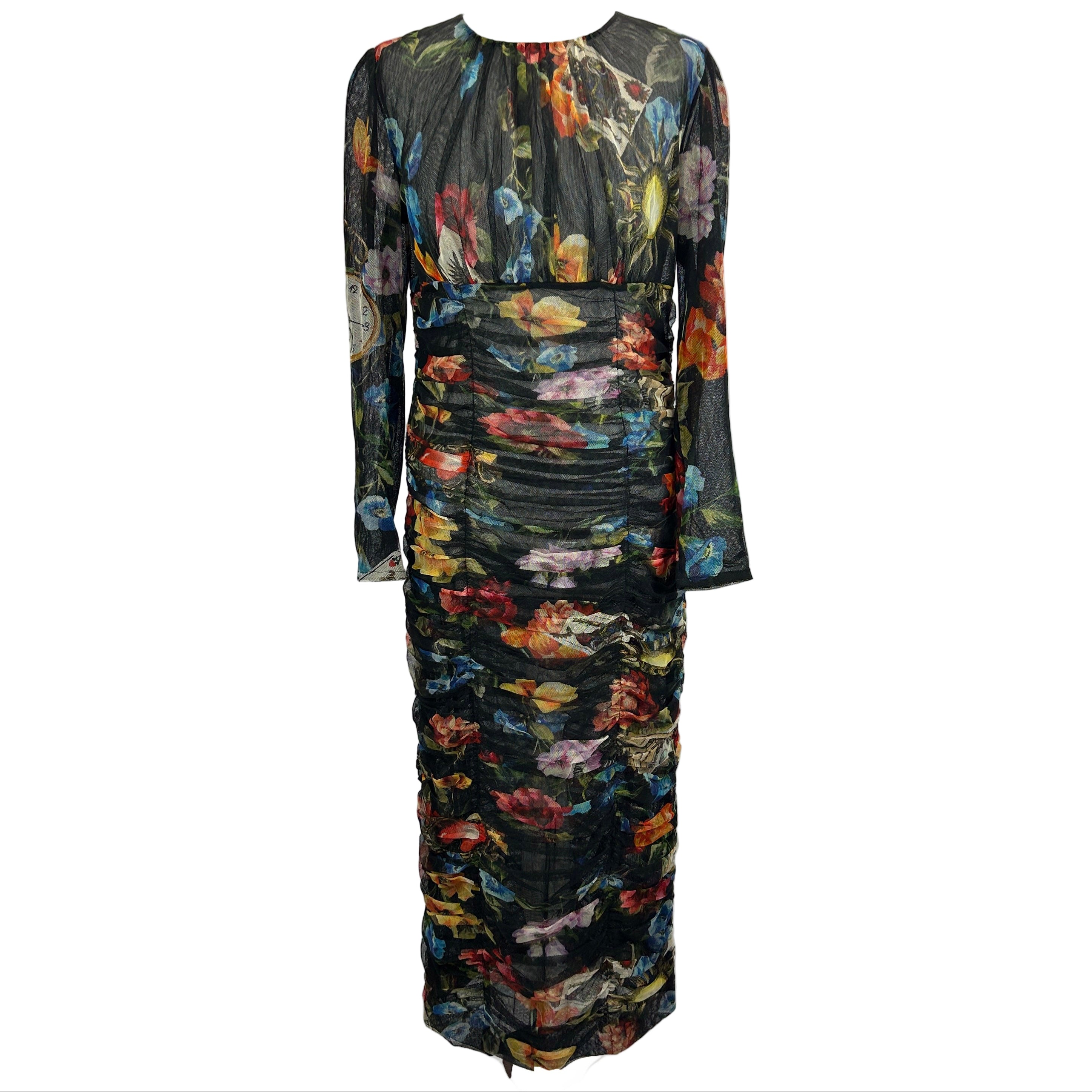 Dolce & Gabbana Black Floral Print Ruched Netting Dress L