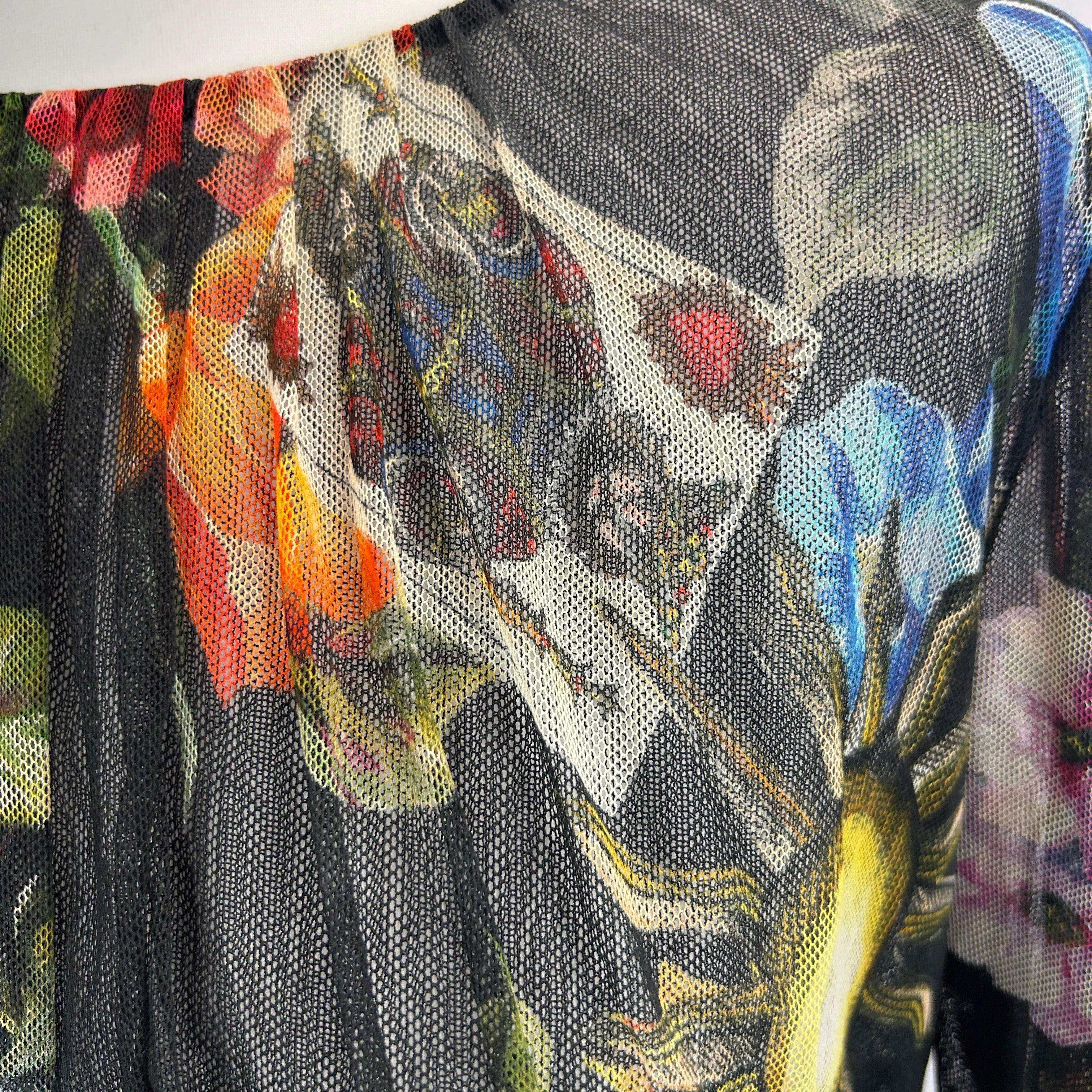 Dolce & Gabbana Black Floral Print Ruched Netting Dress L