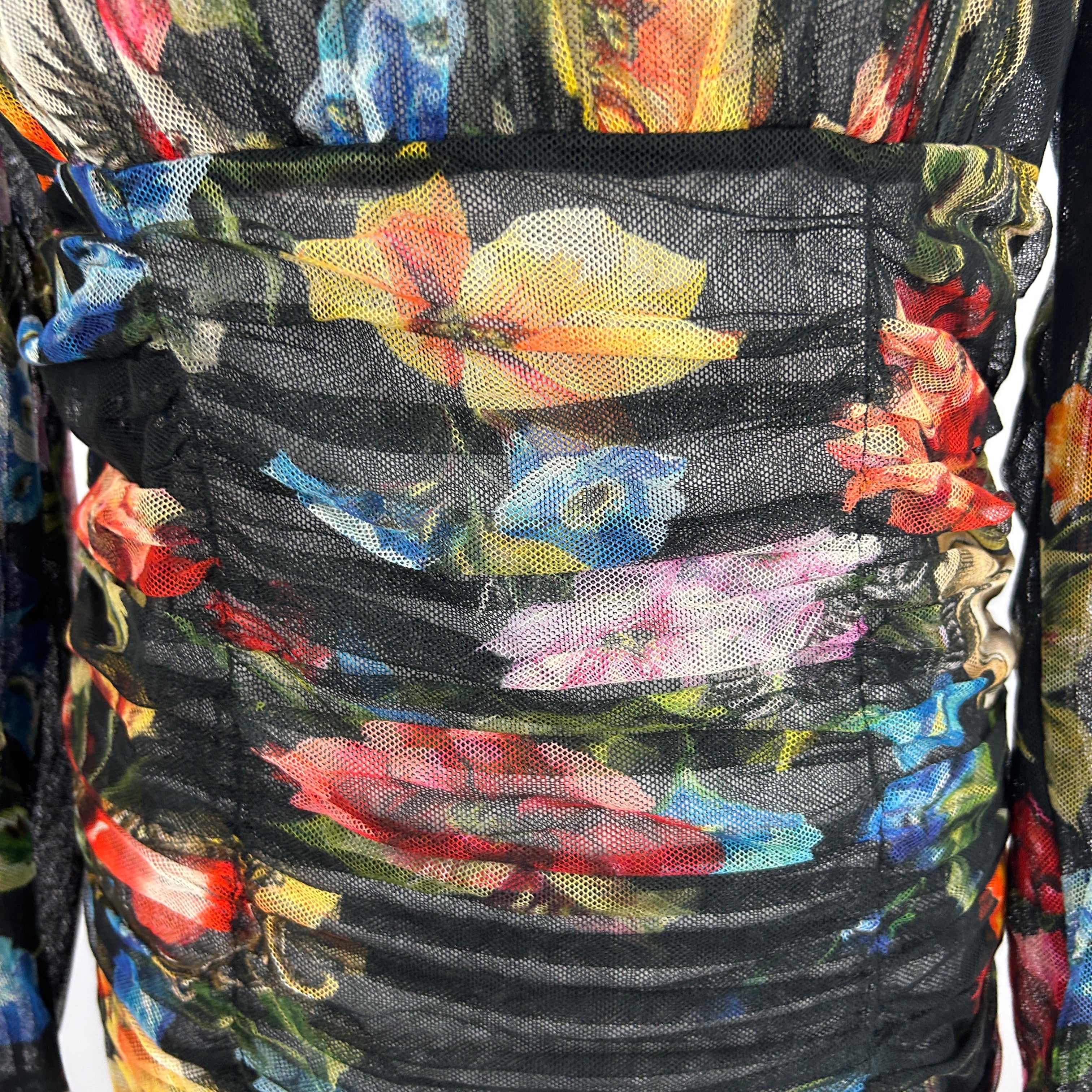 Dolce & Gabbana Black Floral Print Ruched Netting Dress L