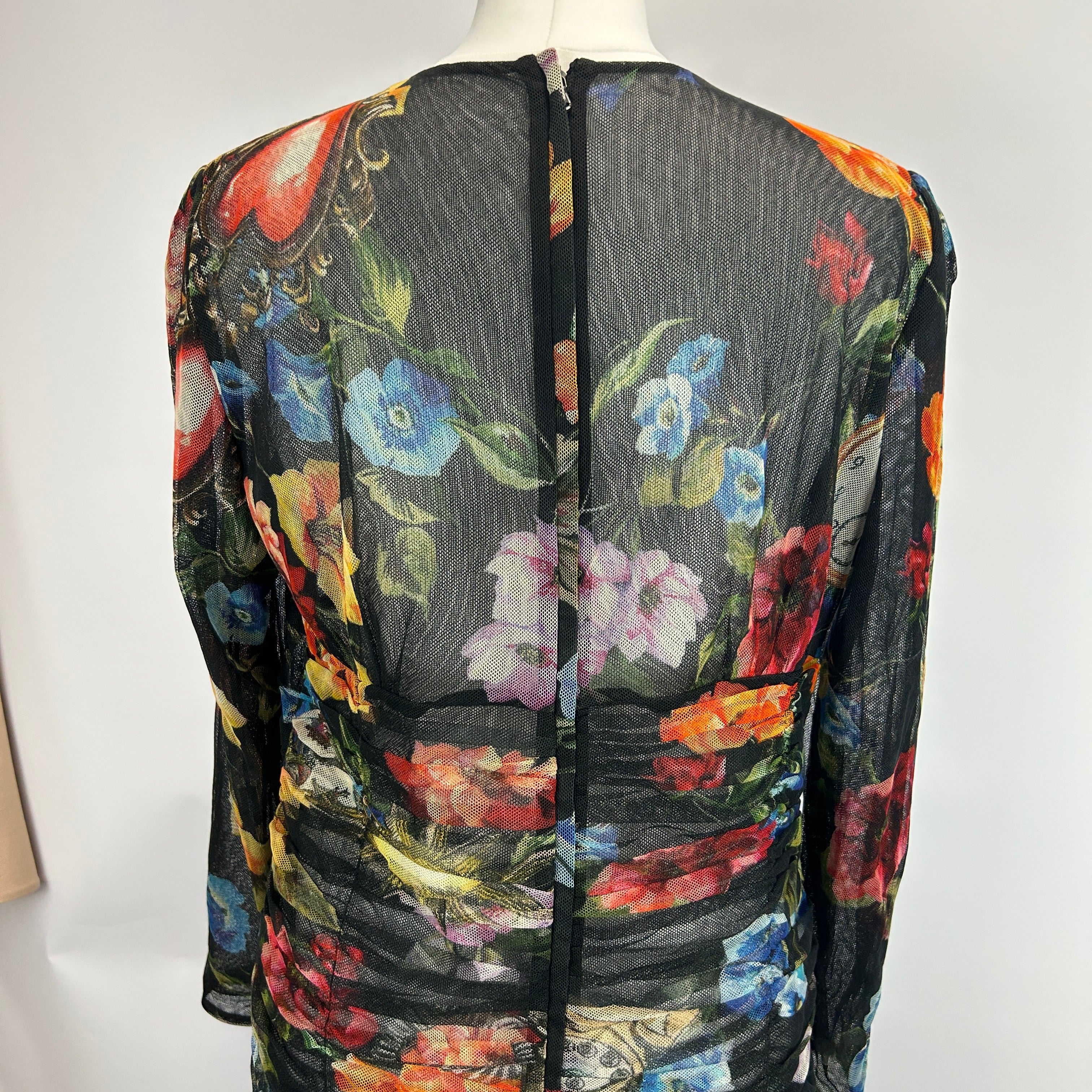 Dolce & Gabbana Black Floral Print Ruched Netting Dress L