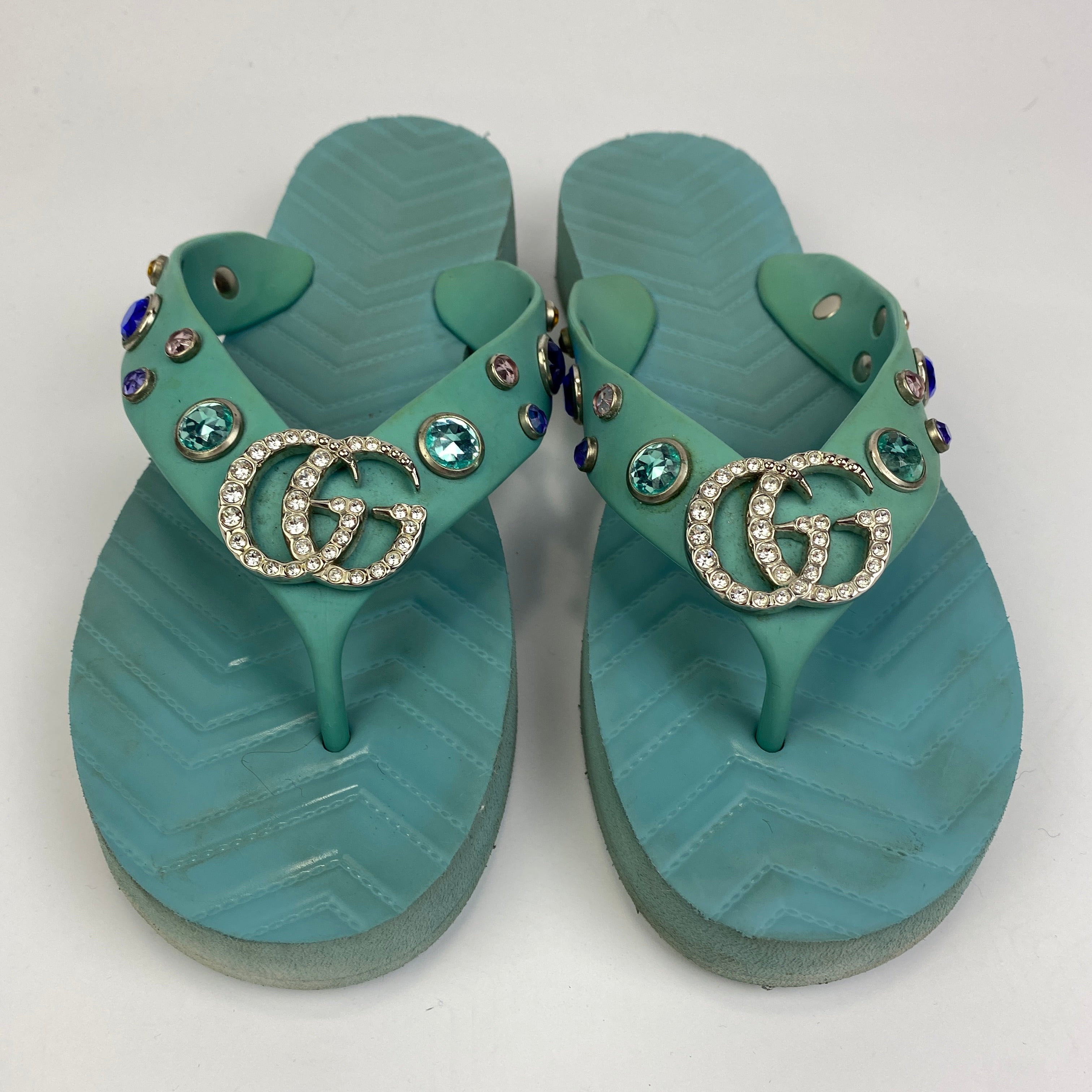 Gucci £485 Aqua Crystal Embellished Rubber FlipFlops 40