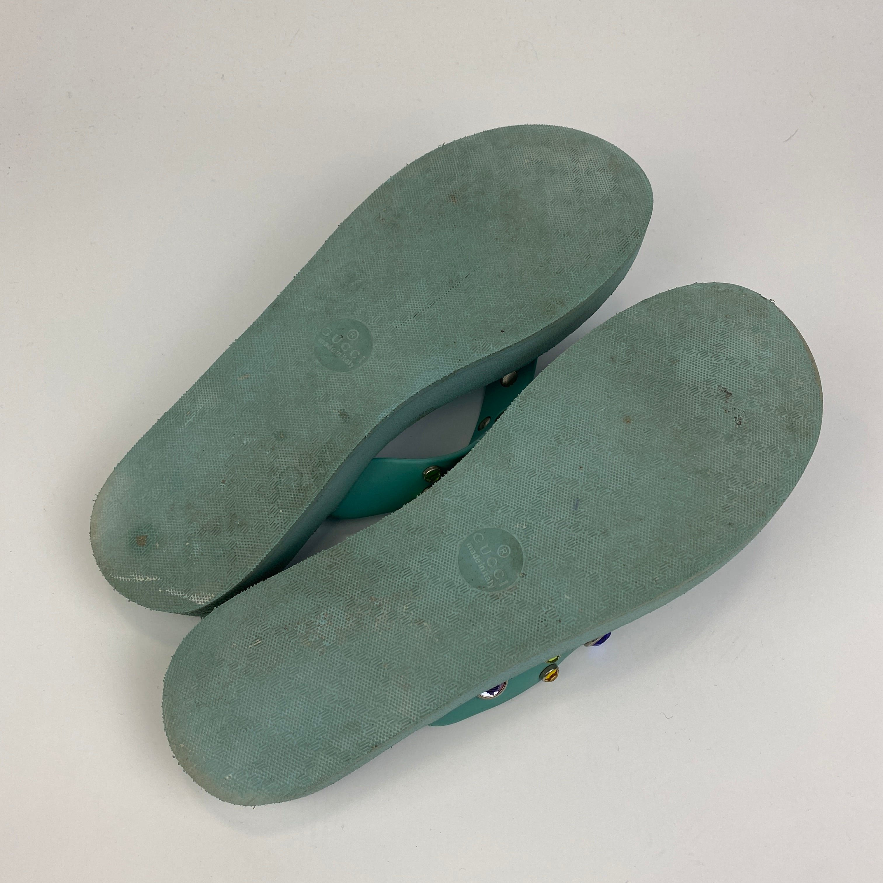Gucci £485 Aqua Crystal Embellished Rubber FlipFlops 40