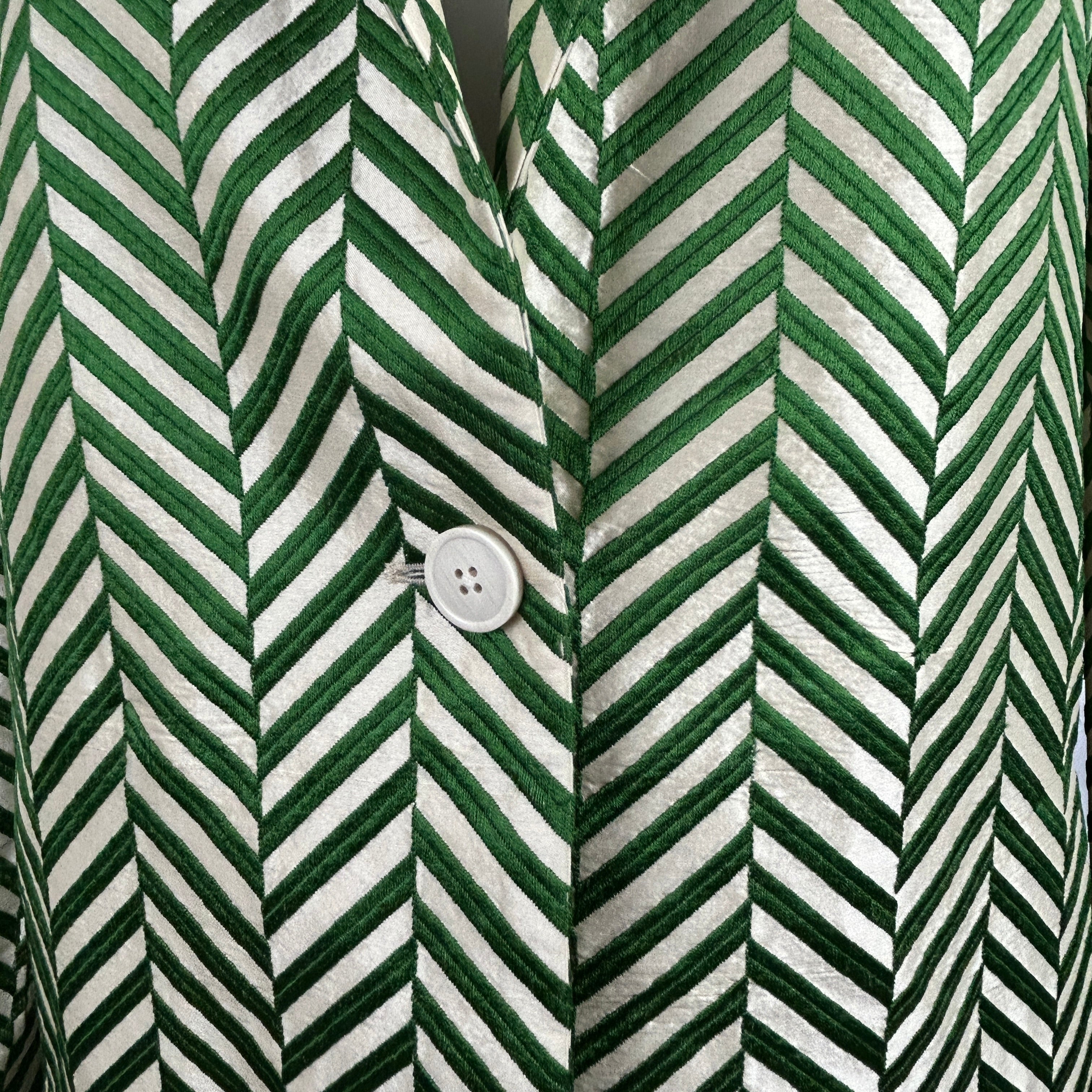 Dries Van Noten Emerald & Cream Chevron Silk Coat XXS