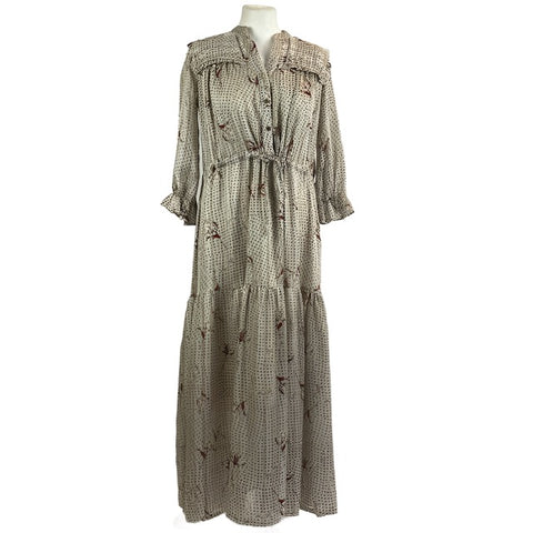 Scarlet Roos Taupe & Navy Floral Stripe Chiffon Maxi Dress S