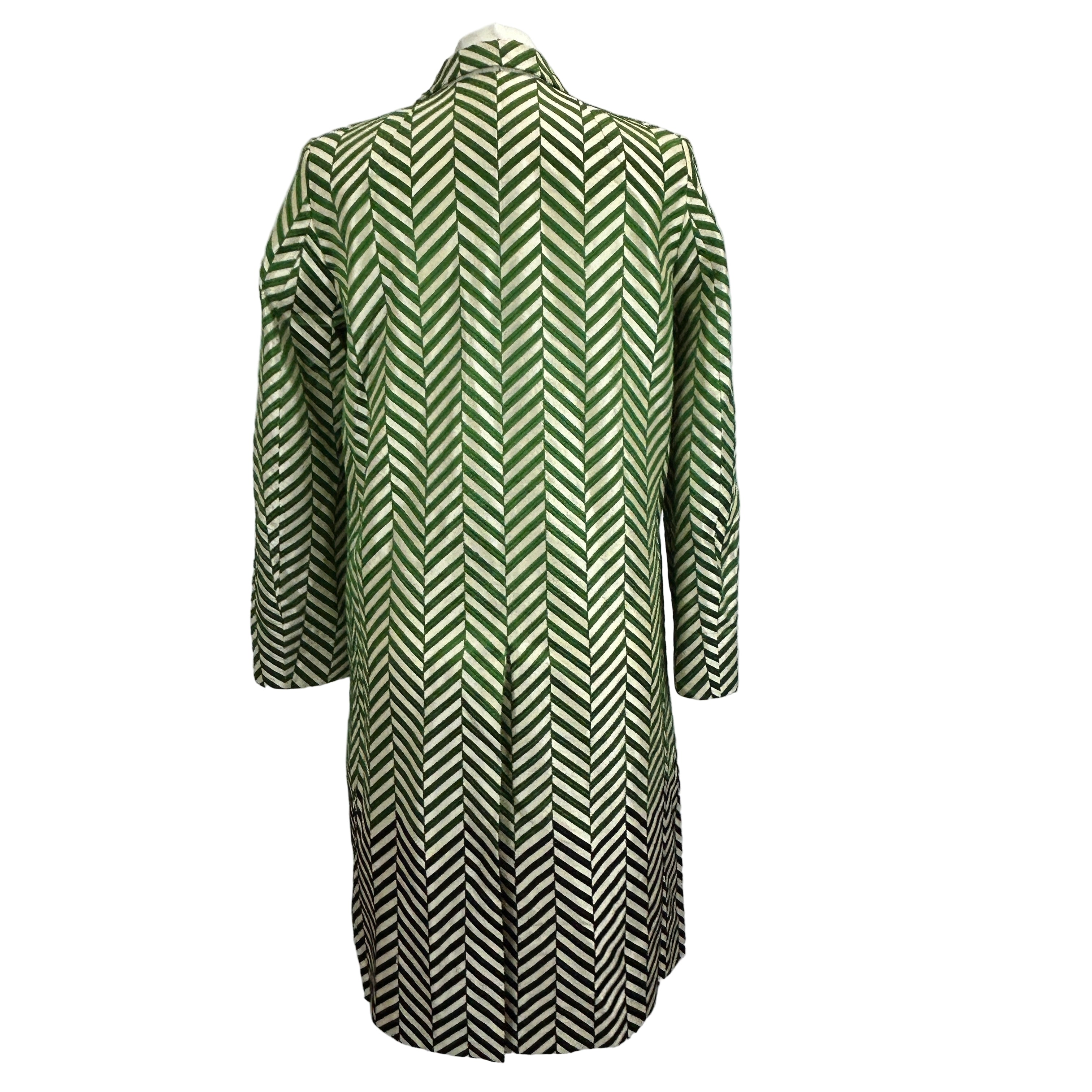 Dries Van Noten Emerald & Cream Chevron Silk Coat XXS