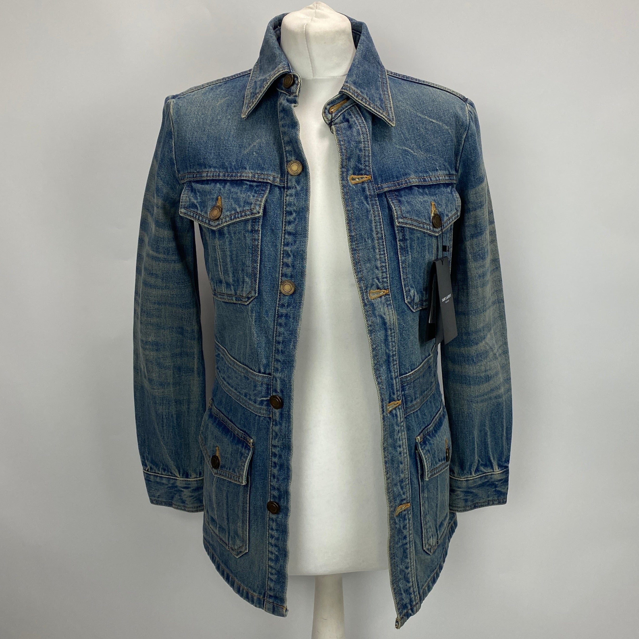Saint Laurent New £950 Vintaged Denim Saharienne Denim Jacket S