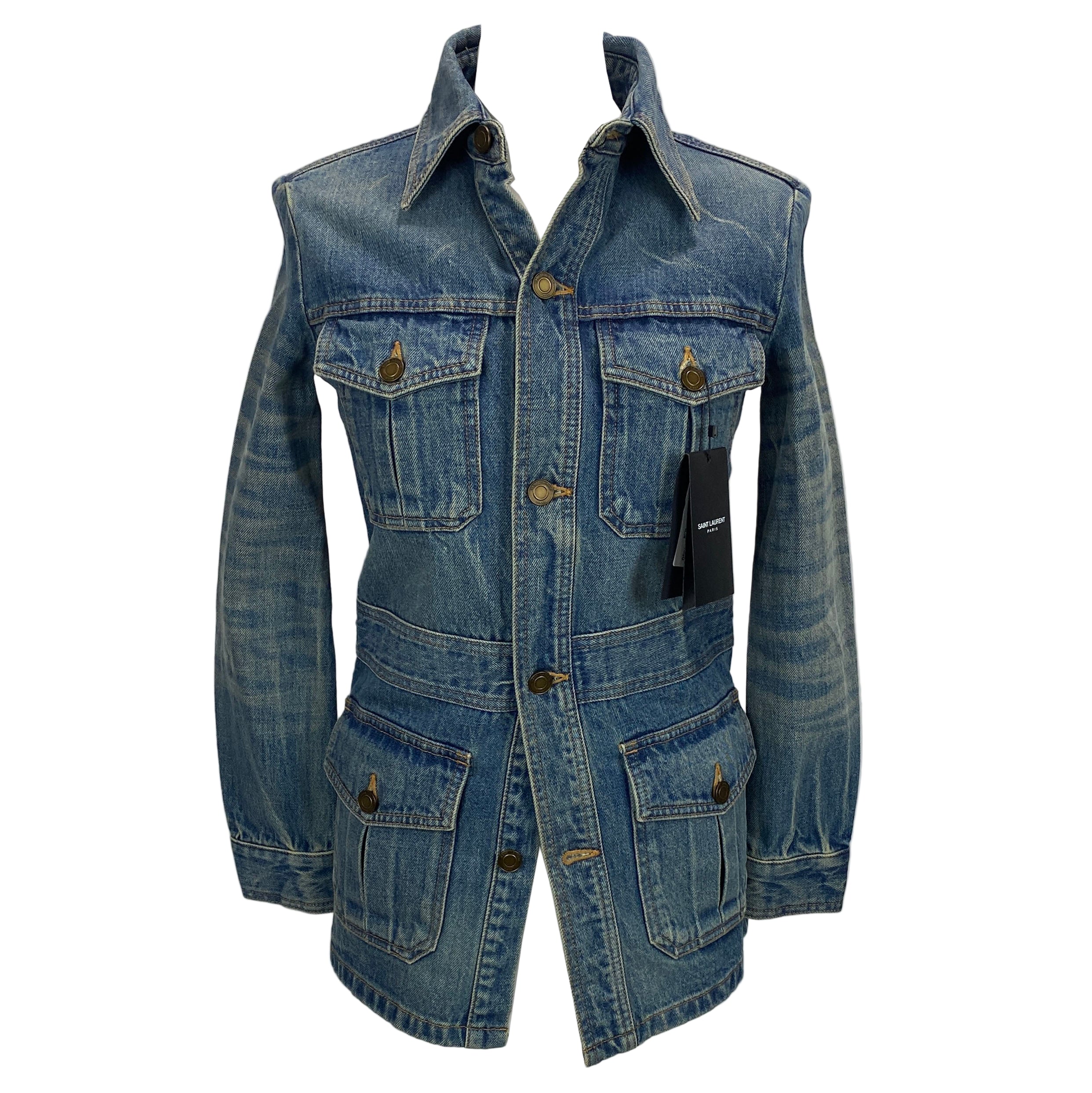Saint Laurent New £950 Vintaged Denim Saharienne Denim Jacket S