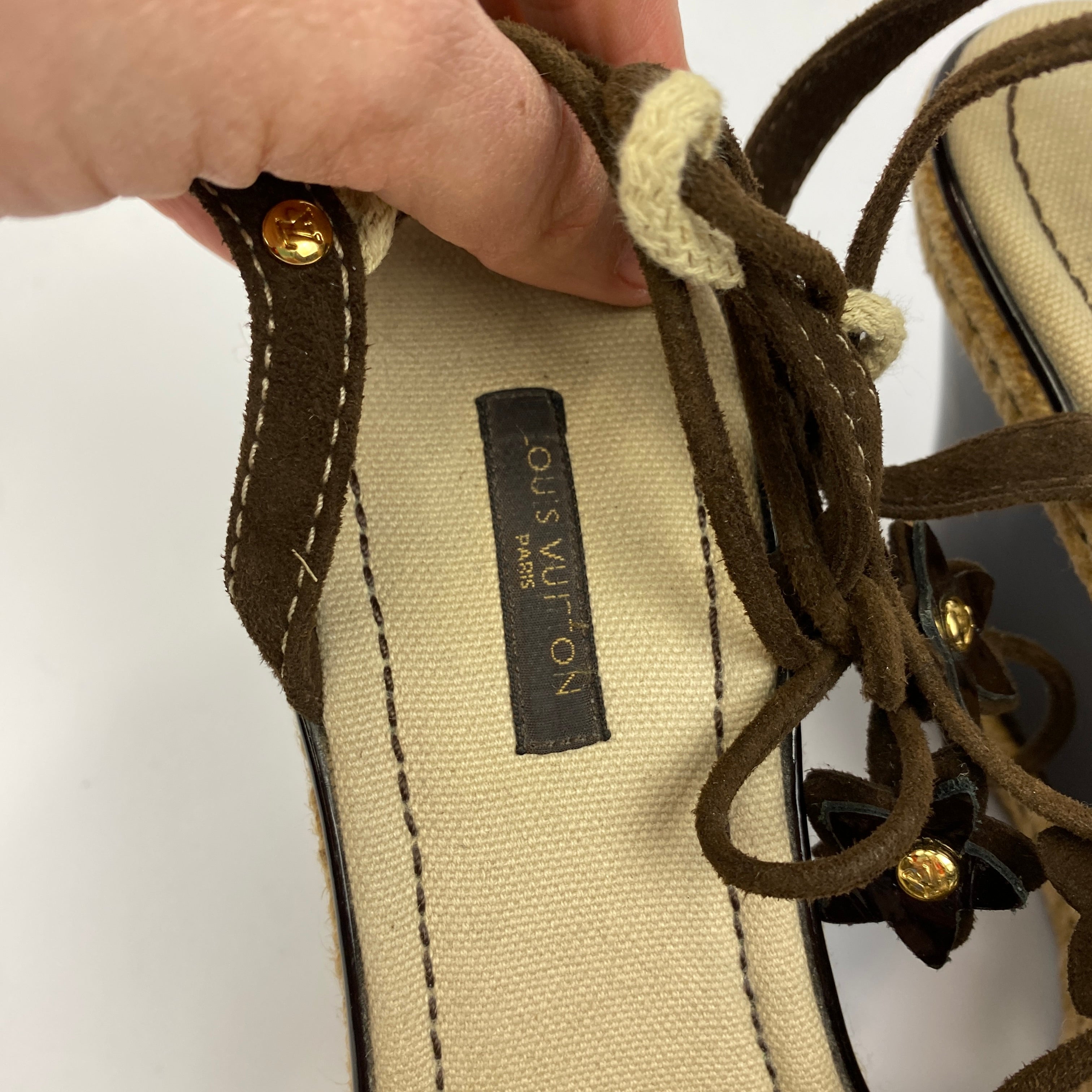 Louis Vuitton Brown Suede Logo Charm Espadrille Wedges 40