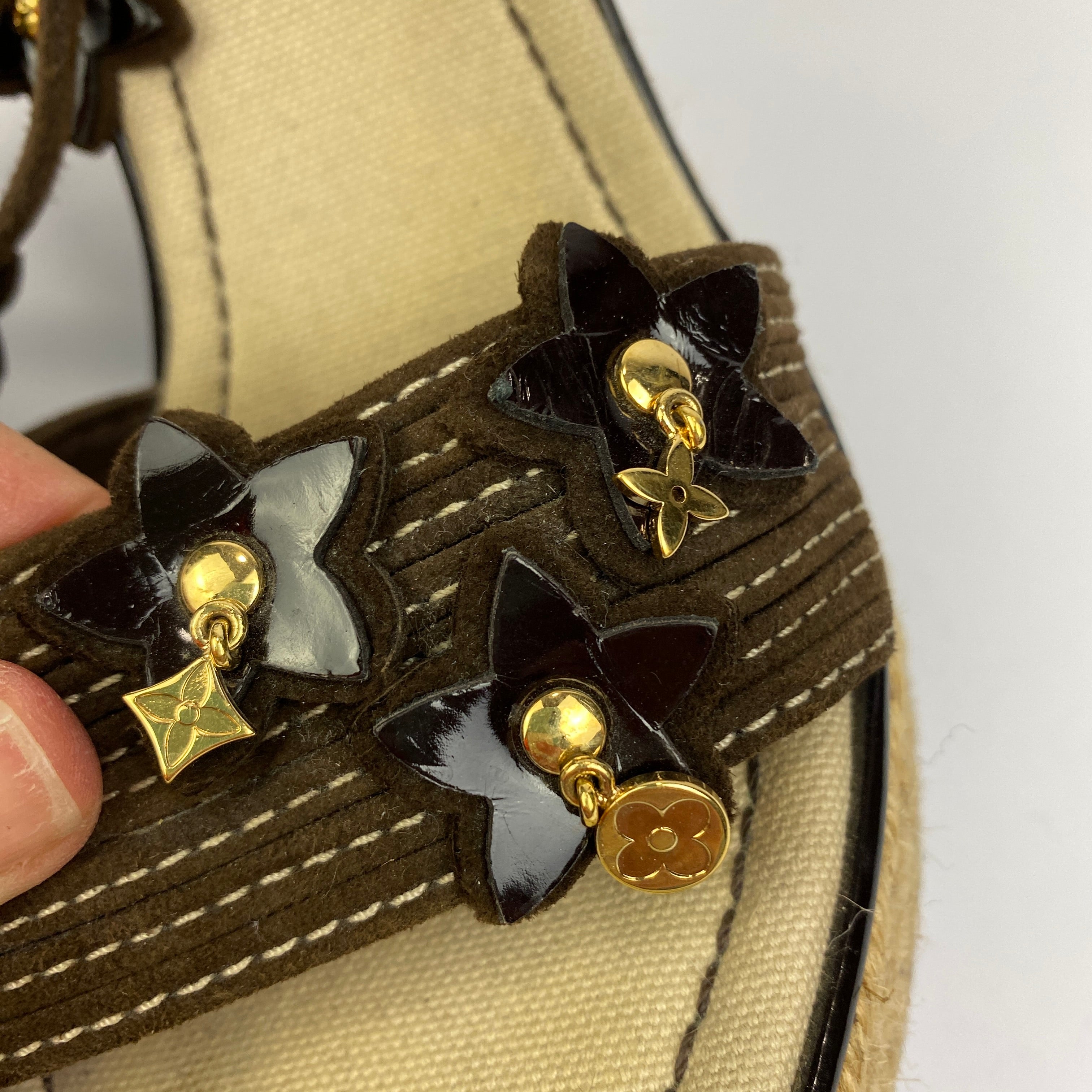 Louis Vuitton Brown Suede Logo Charm Espadrille Wedges 40