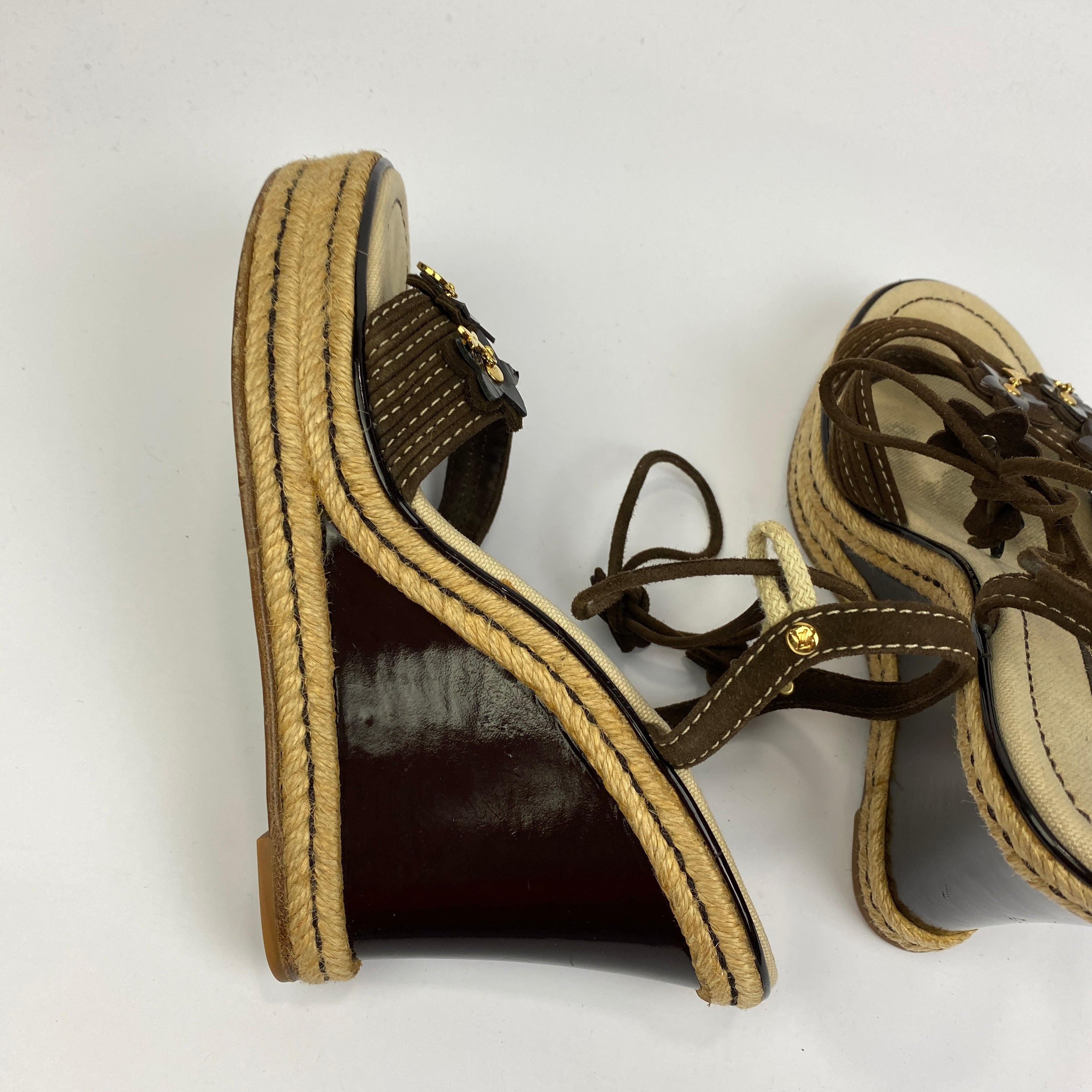Louis Vuitton Brown Suede Logo Charm Espadrille Wedges 40