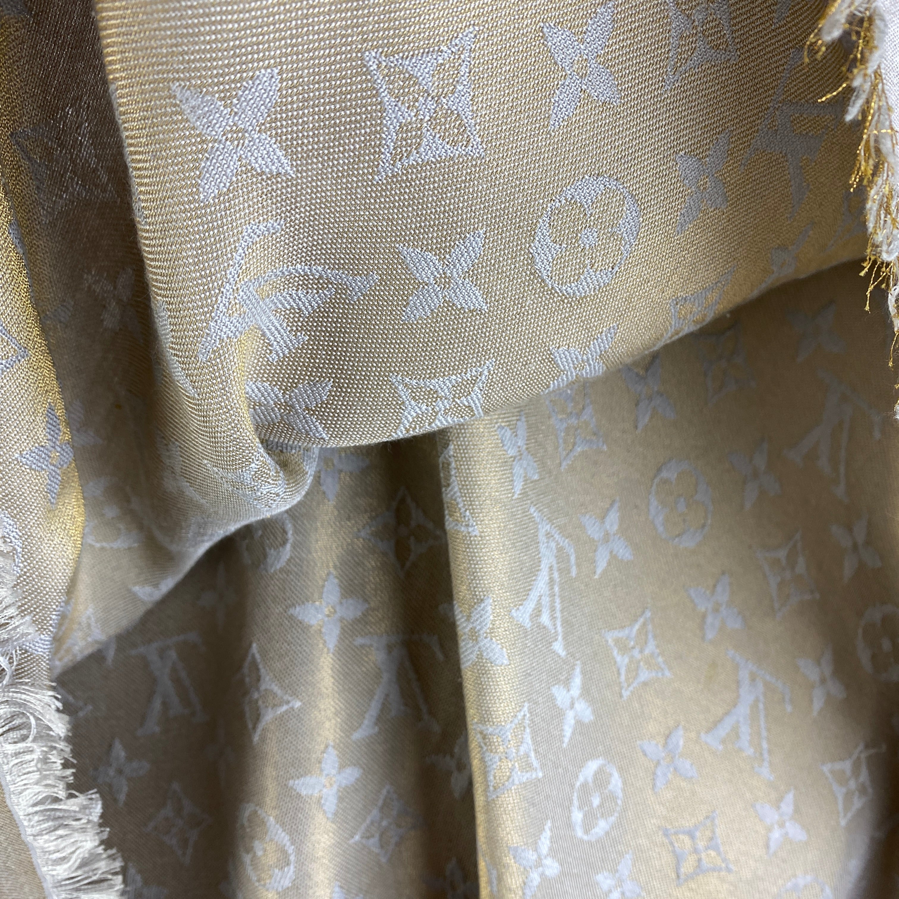 Louis Vuitton £475 Wool & Silk Pearl & Gold Monogram Shawl