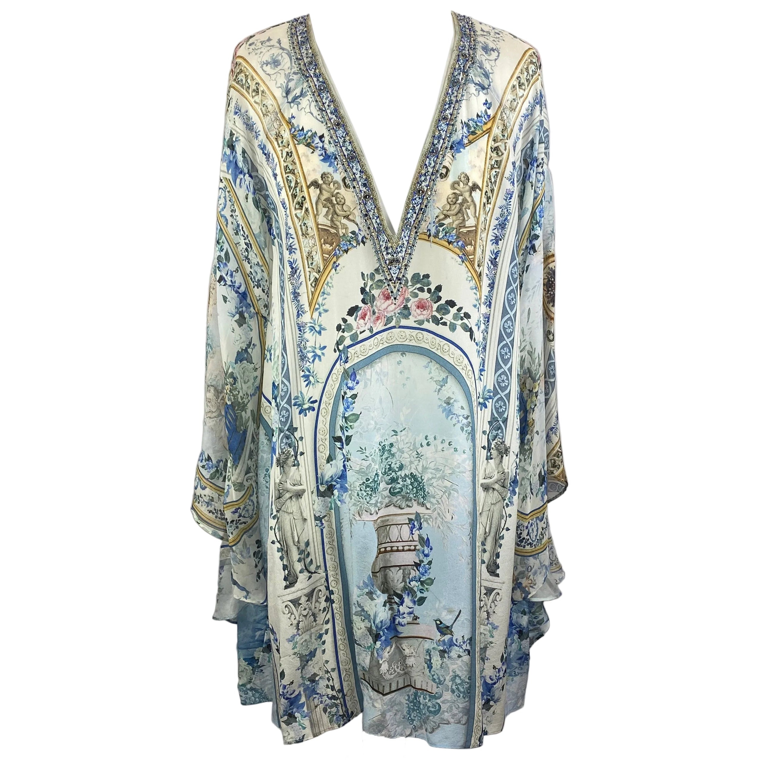 Camilla £650 Blue & White Embellished Silk Kaftan L