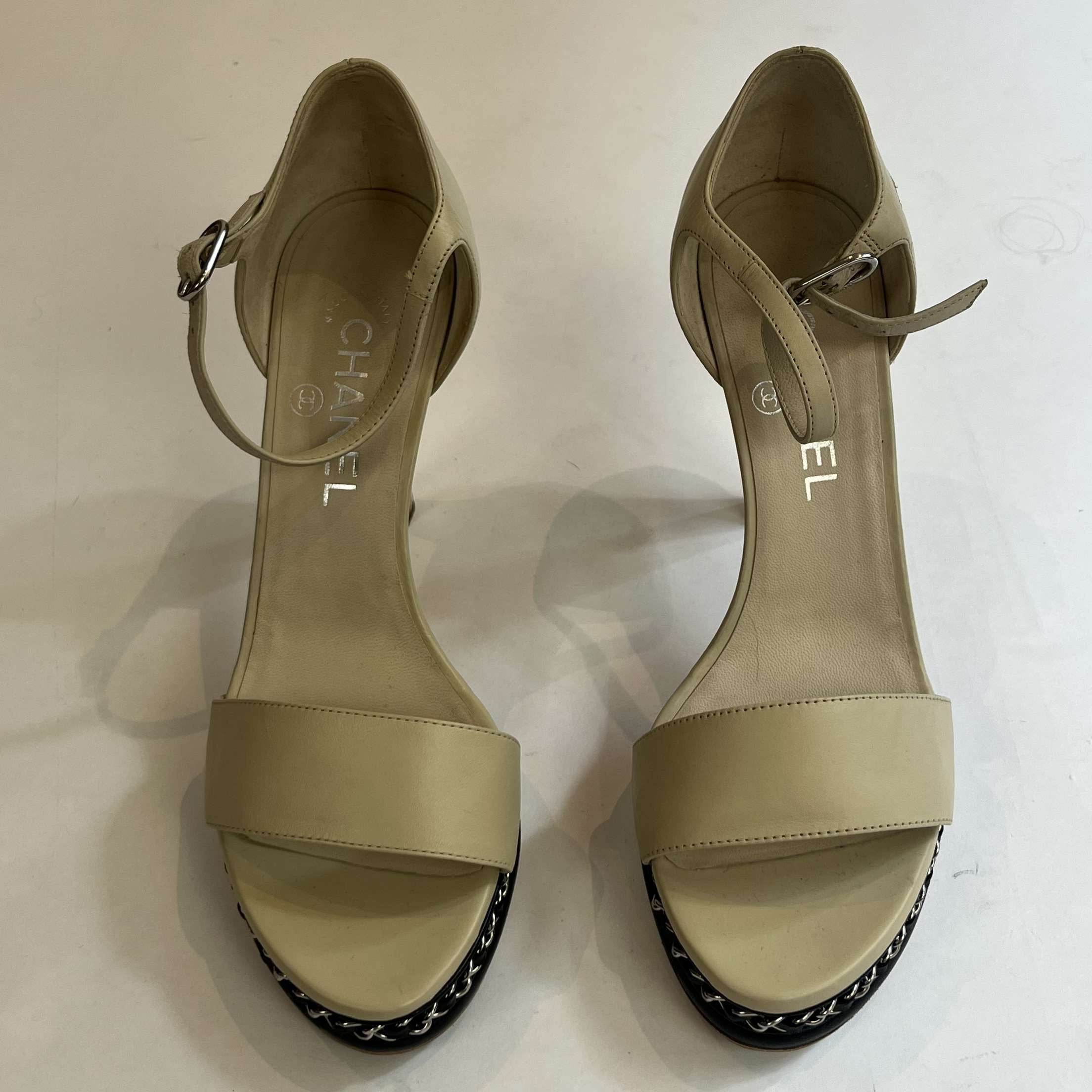 Chanel Cream Lambskin Chain Platform Sandals 38