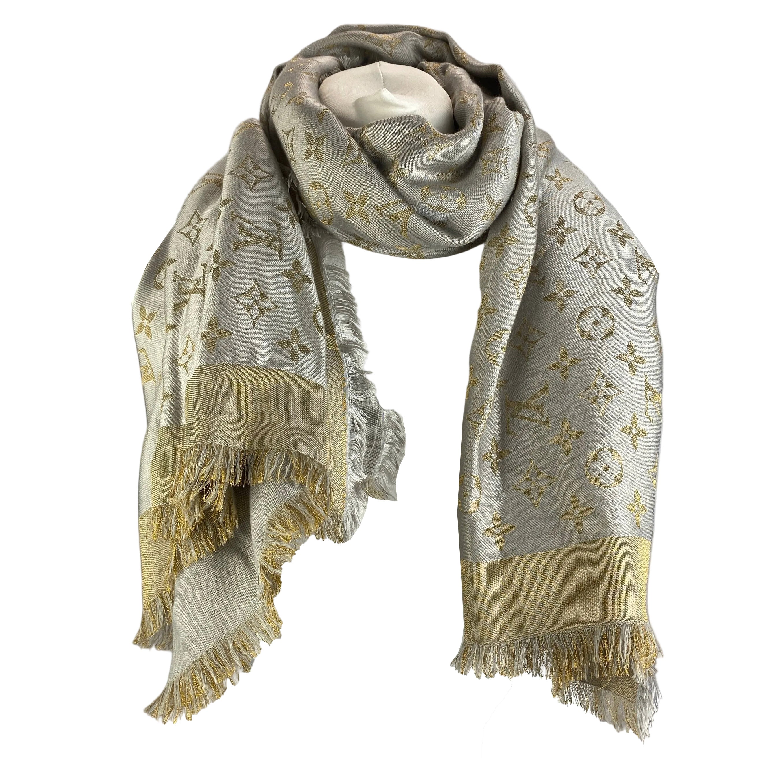 Louis Vuitton £475 Wool & Silk Pearl & Gold Monogram Shawl