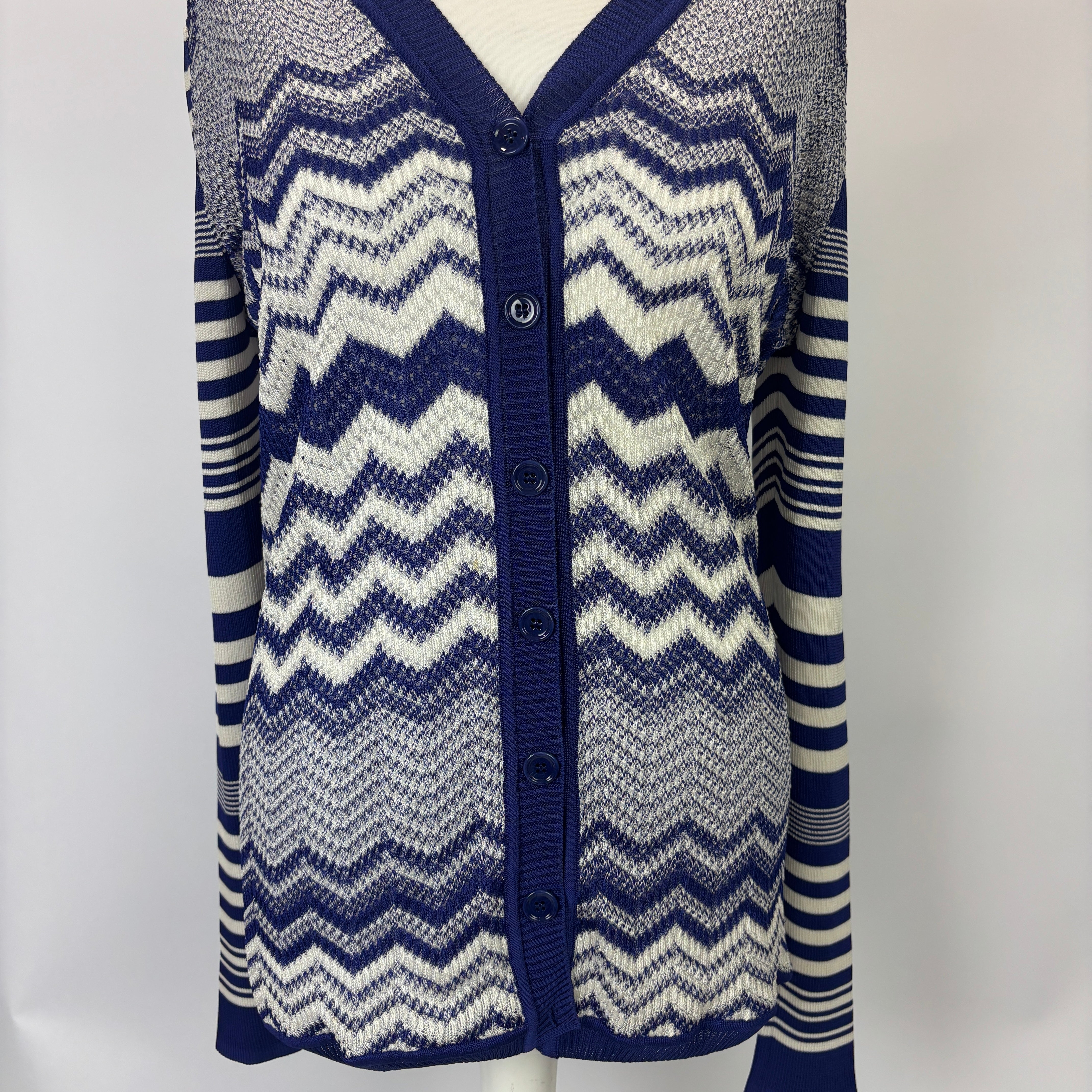 Missoni New £960 Blue & Ivory Chevron Knit Cardigan XXL