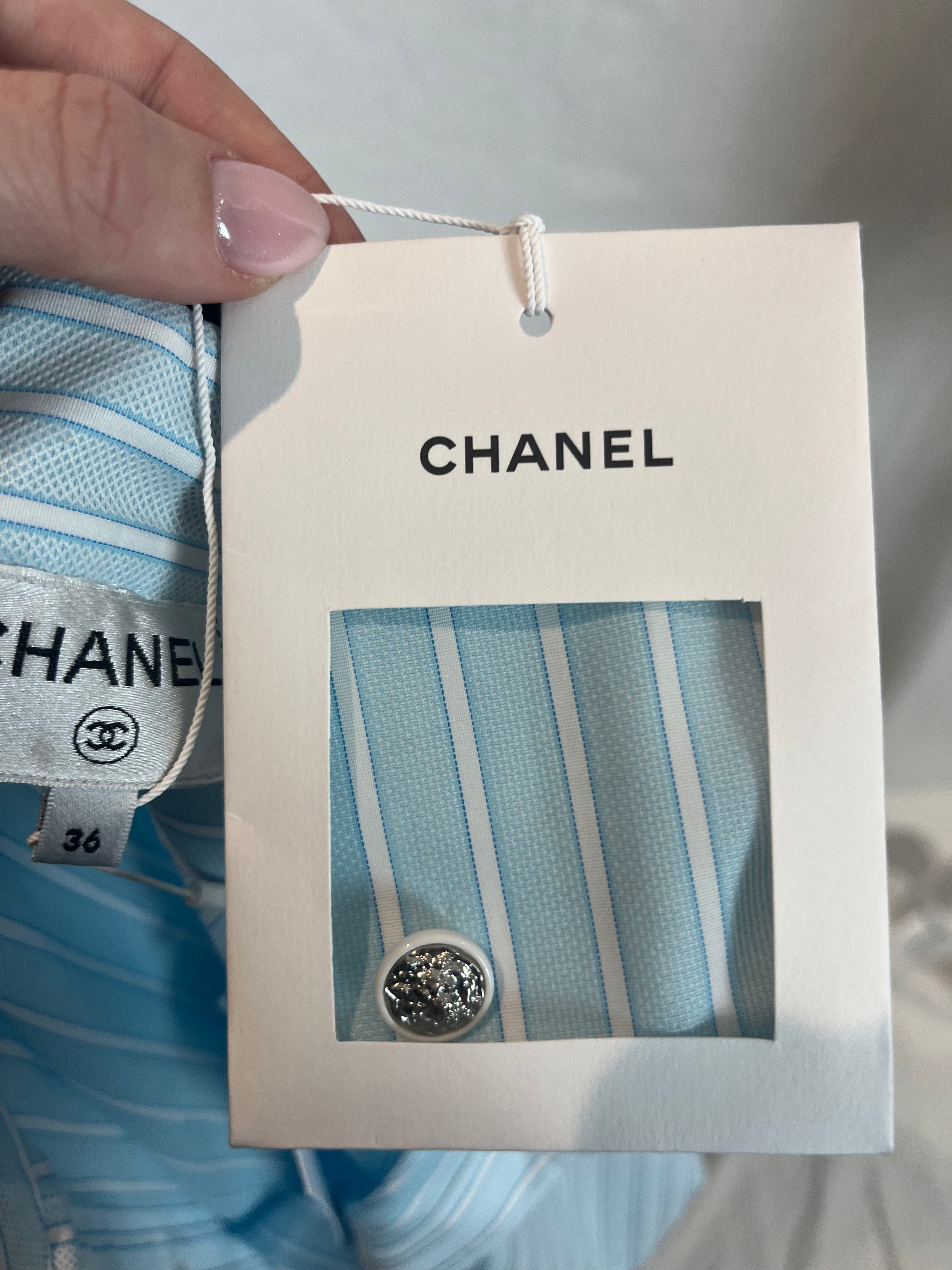 Chanel Brand New £2790 Blue Stripe Cotton Shirt with Velvet Collar XS