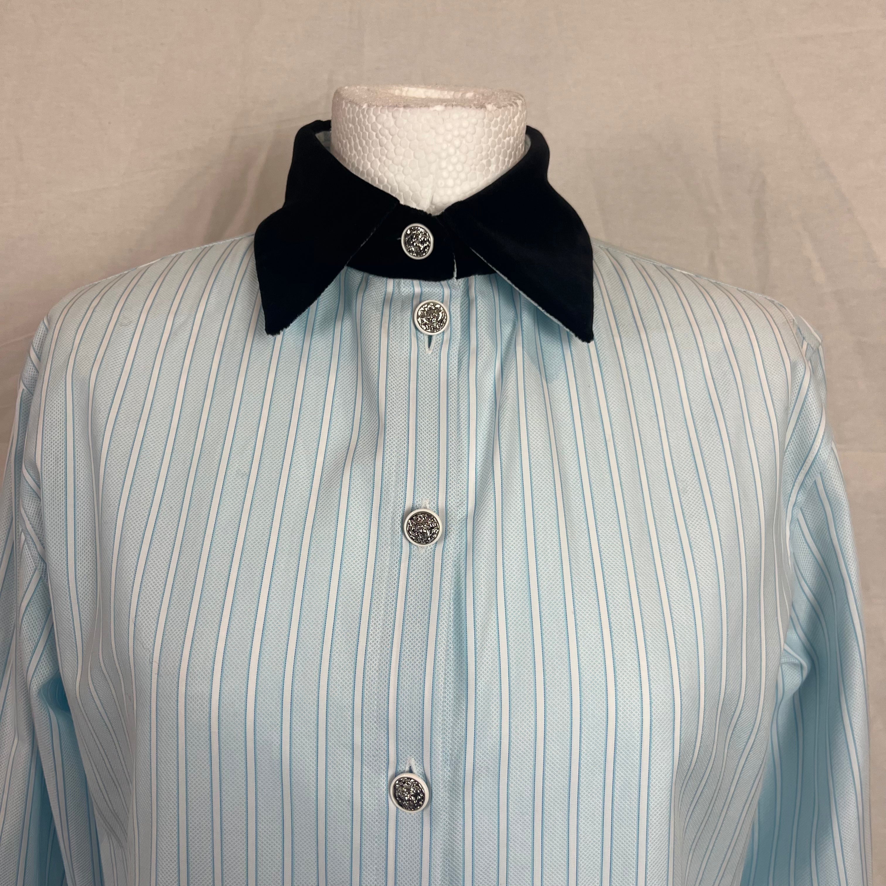 Chanel Brand New £2790 Blue Stripe Cotton Shirt with Velvet Collar XS
