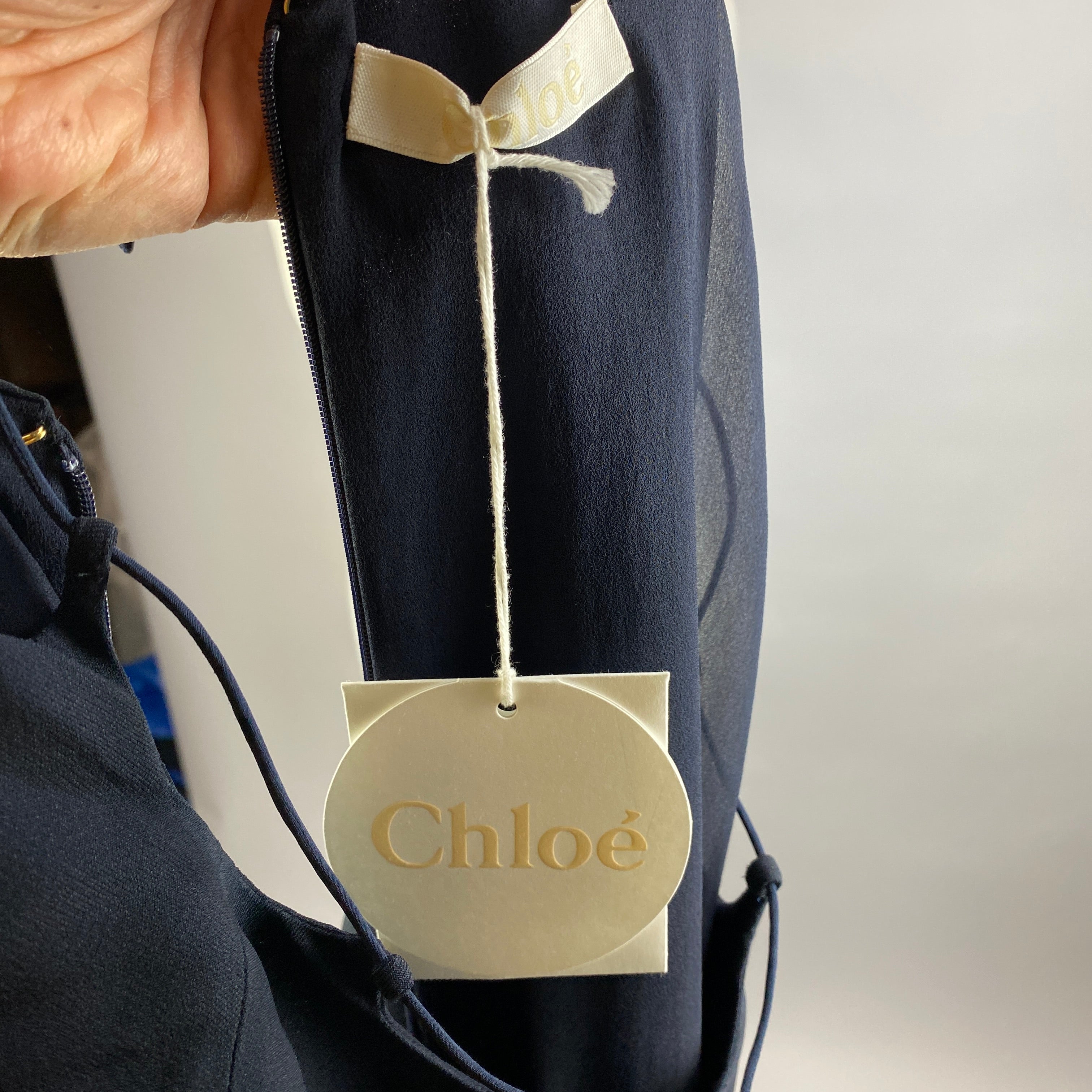 Chloe New Navy Crepe Shoestring Neck Tunic Dress L