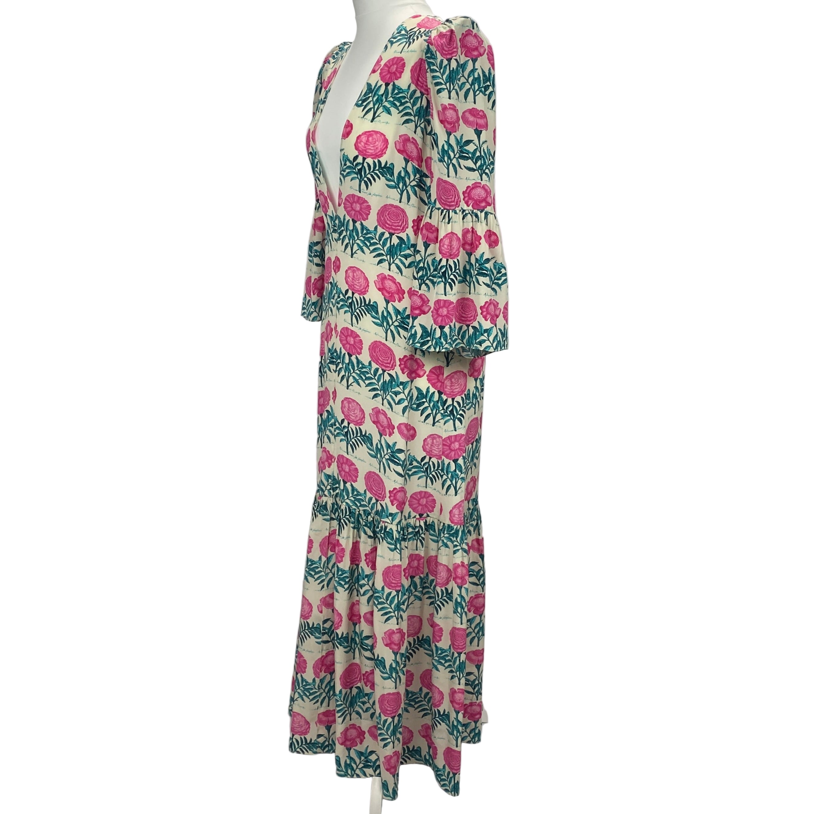 Adriana Degreas £620 Pink & Teal Floral Silk Maxi Dress XS/S